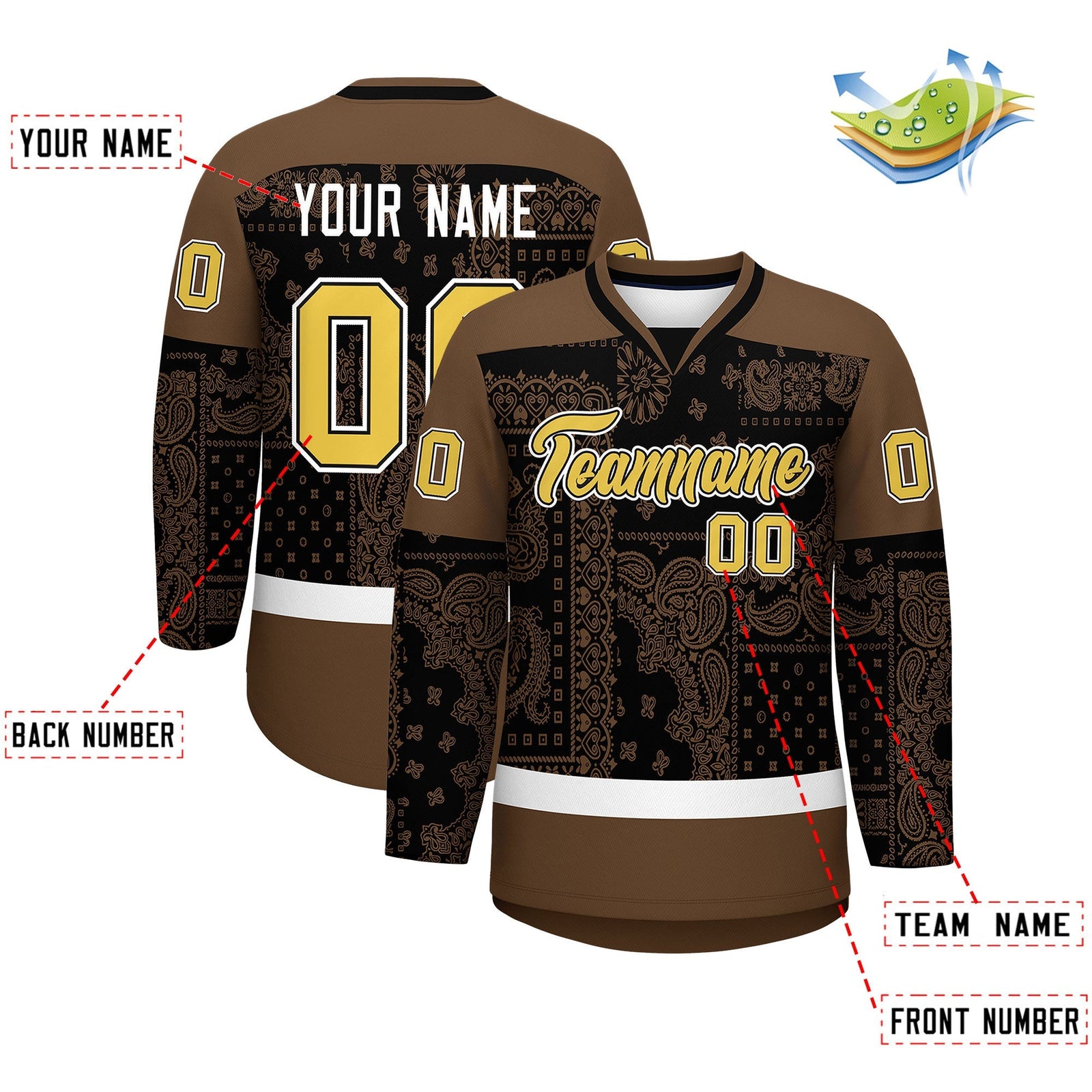 Custom Light Brown Black White Cashew Flower Graffiti Pattern V-Neck Hockey Jersey| KXKSHOP