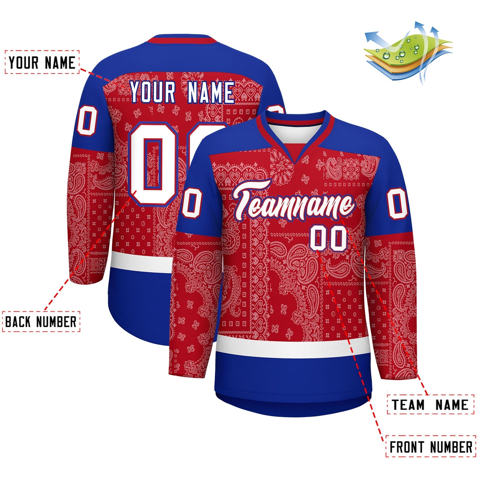 Custom Royal White Red Cashew Flower Graffiti Pattern V-Neck Hockey Jersey| KXKSHOP