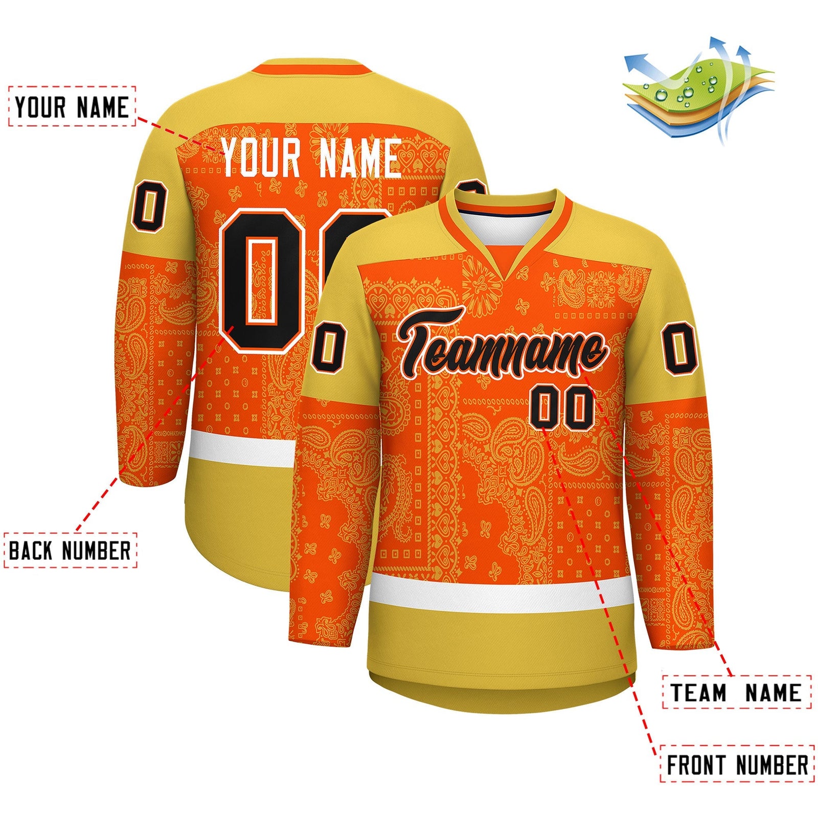 Custom Old Gold Orange White Cashew Flower Graffiti Pattern V-Neck Hockey Jersey| KXKSHOP