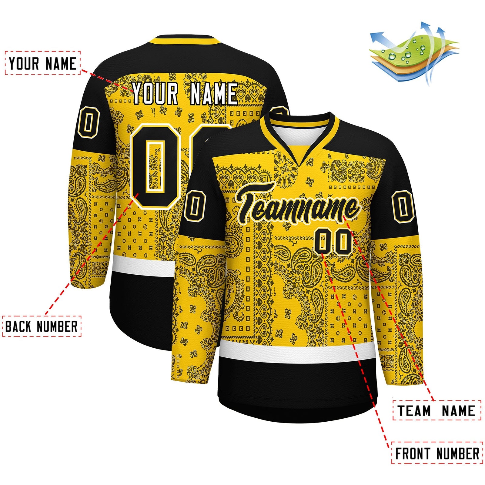 Custom Black Gold White Cashew Flower Graffiti Pattern V-Neck Hockey Jersey| KXKSHOP