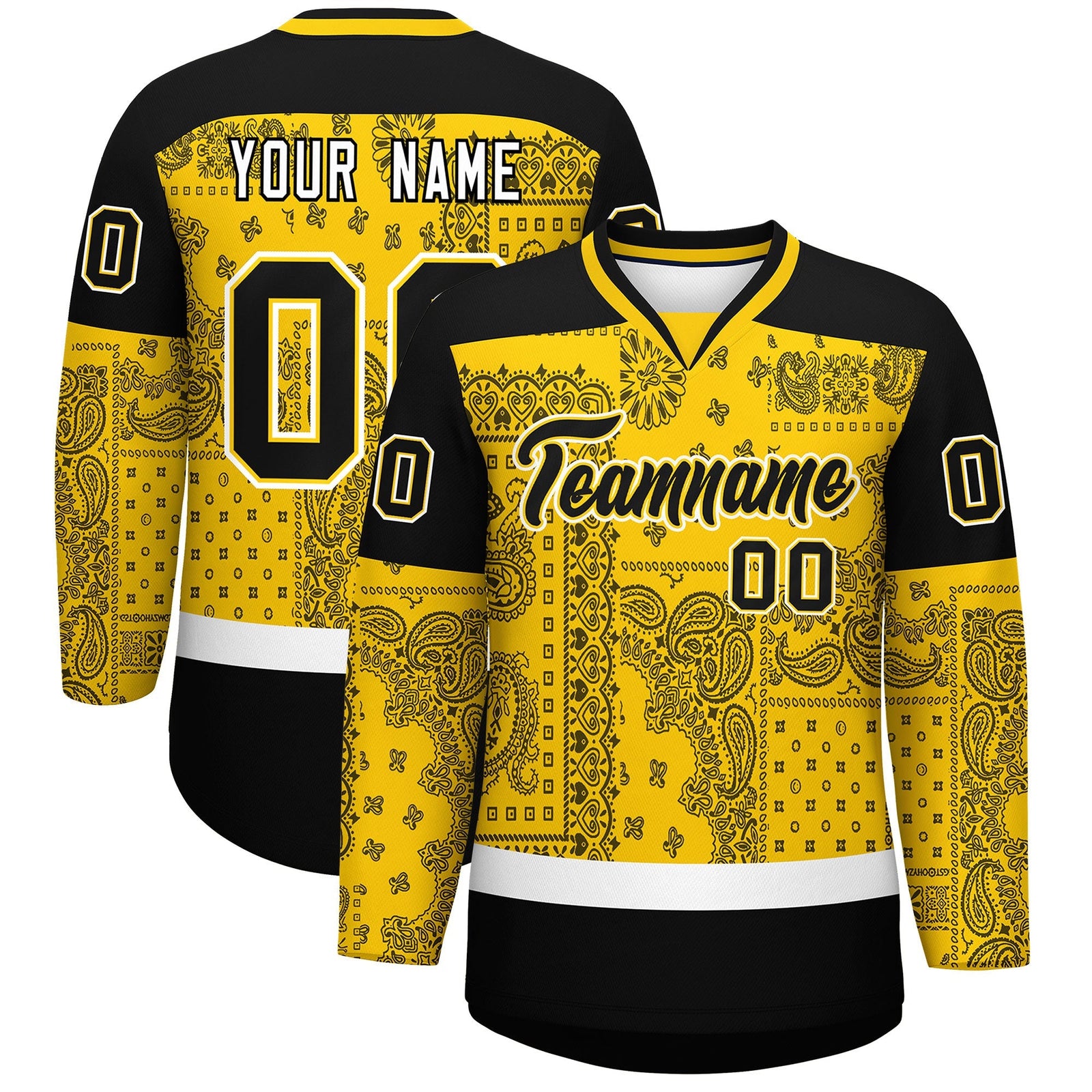 Custom Black Gold White Cashew Flower Graffiti Pattern V-Neck Hockey Jersey| KXKSHOP