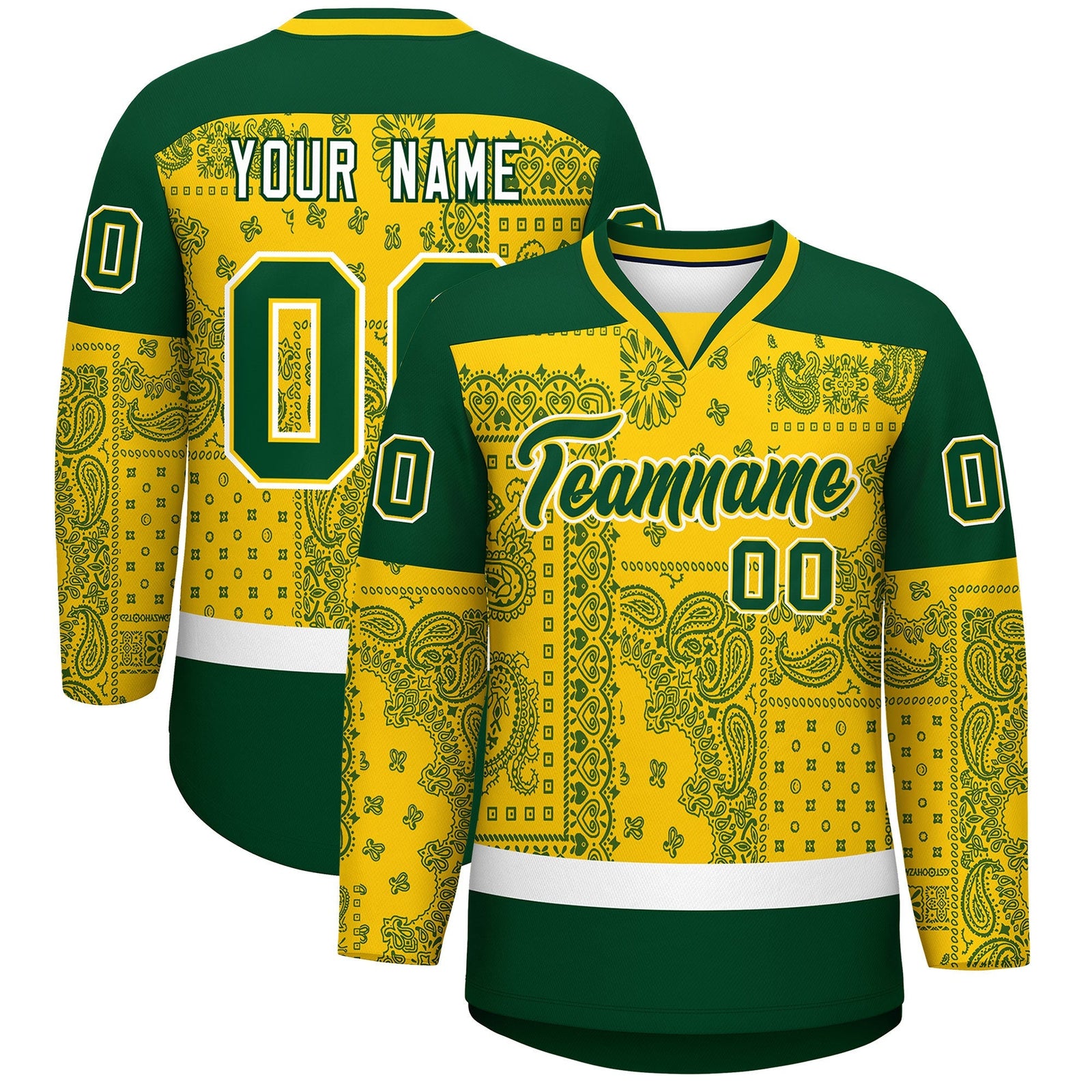 Custom Gold Green White Cashew Flower Graffiti Pattern V-Neck Hockey Jersey| KXKSHOP