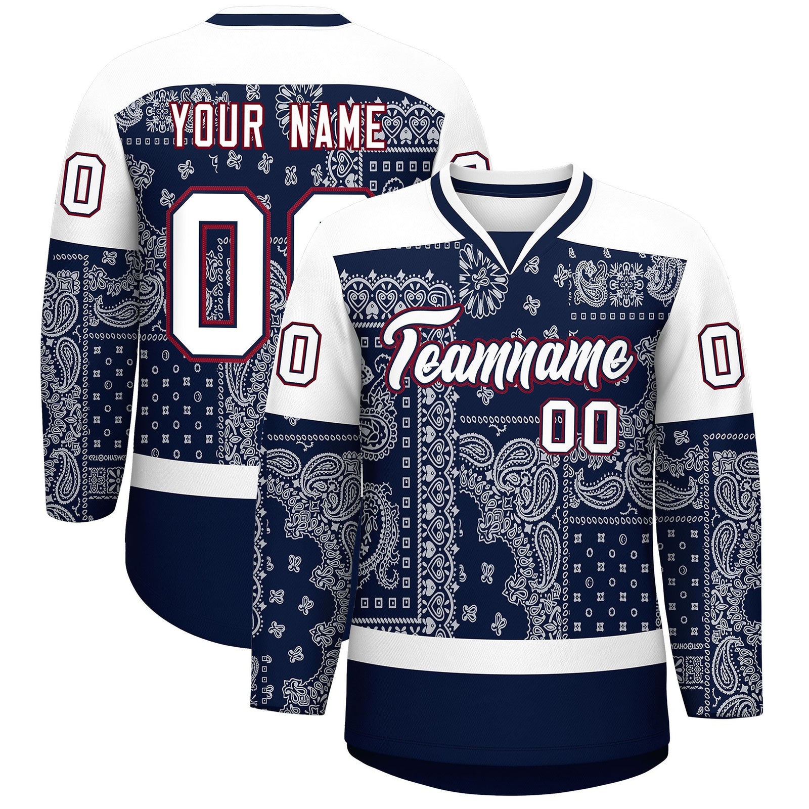 Custom White Navy Crimson Cashew Flower Graffiti Pattern V-Neck Hockey Jersey| KXKSHOP