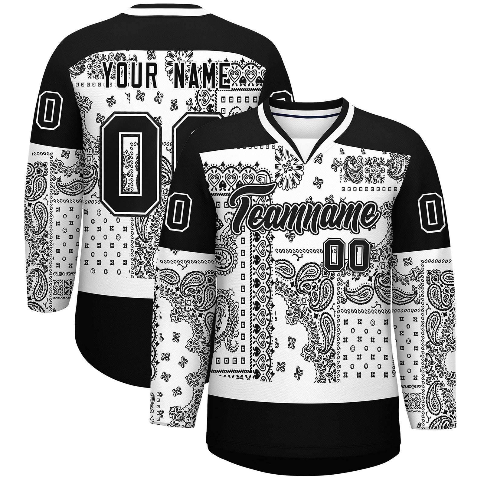 Custom Black White Cashew Flower Graffiti Pattern V-Neck Hockey Jersey| KXKSHOP