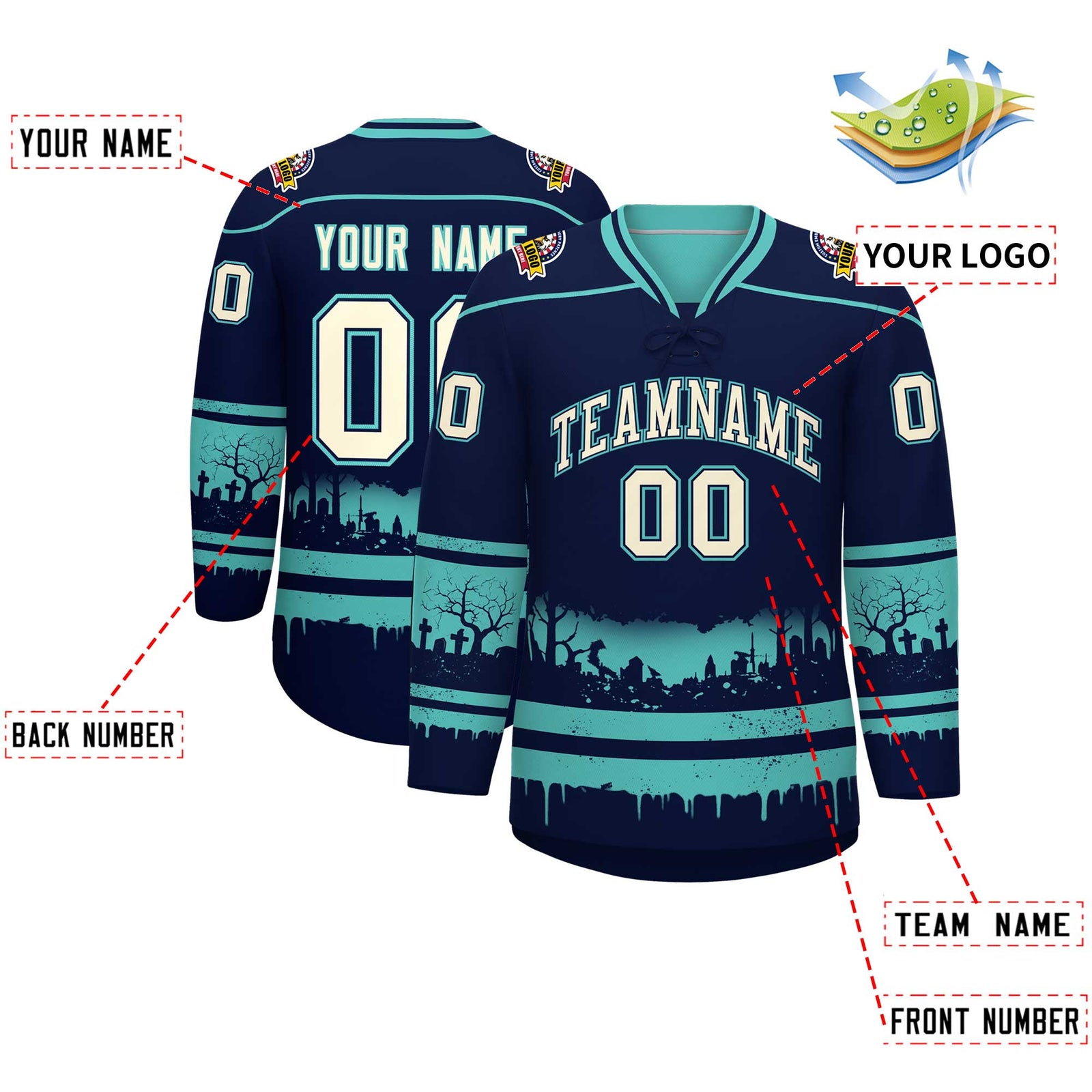 Custom Navy Teal Cream Gradient Fashion Halloween Stretch Fabric Hockey Jersey| KXKSHOP