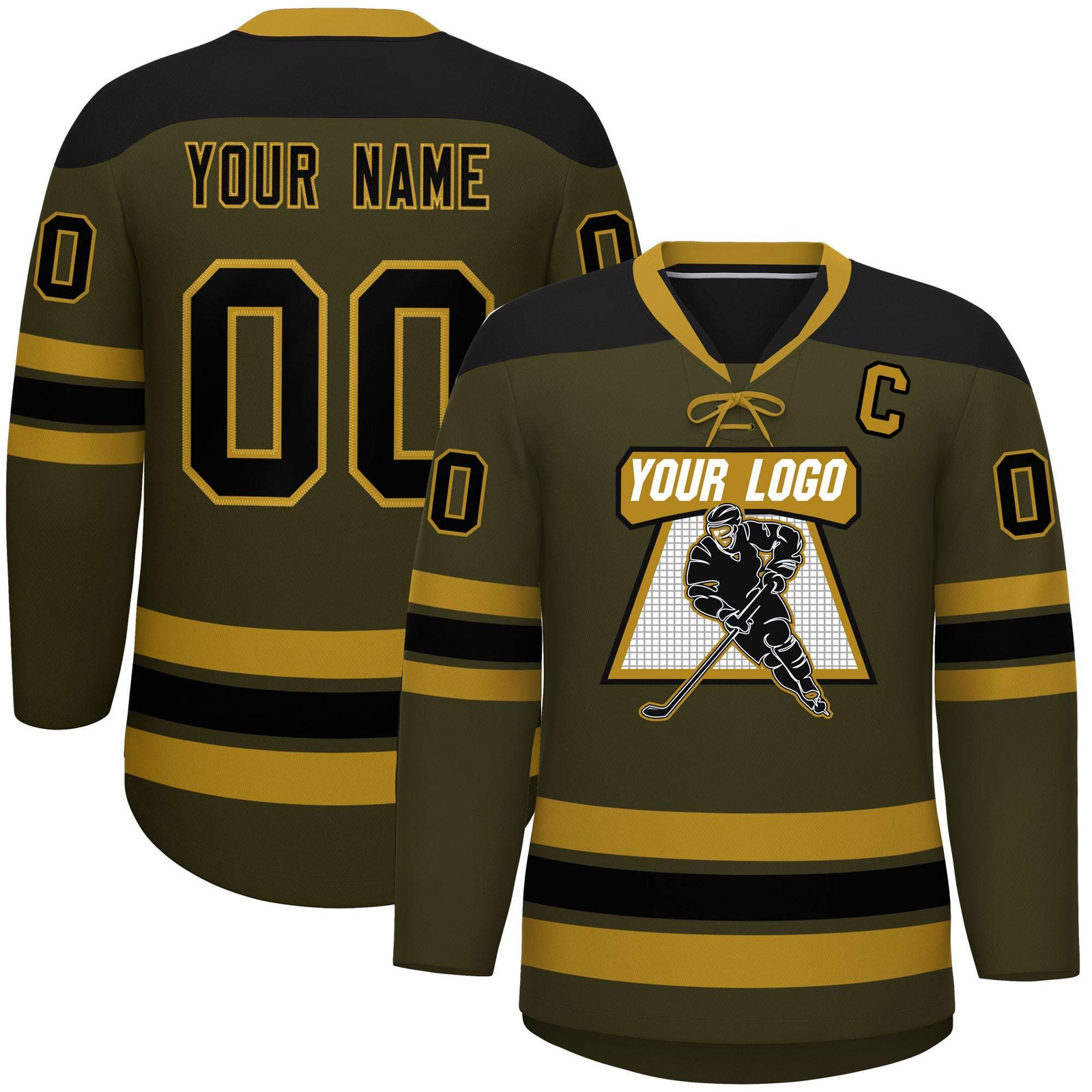 Custom Olive Old Gold Black Personalized Classic Lace-Up Neck Hockey Jersey