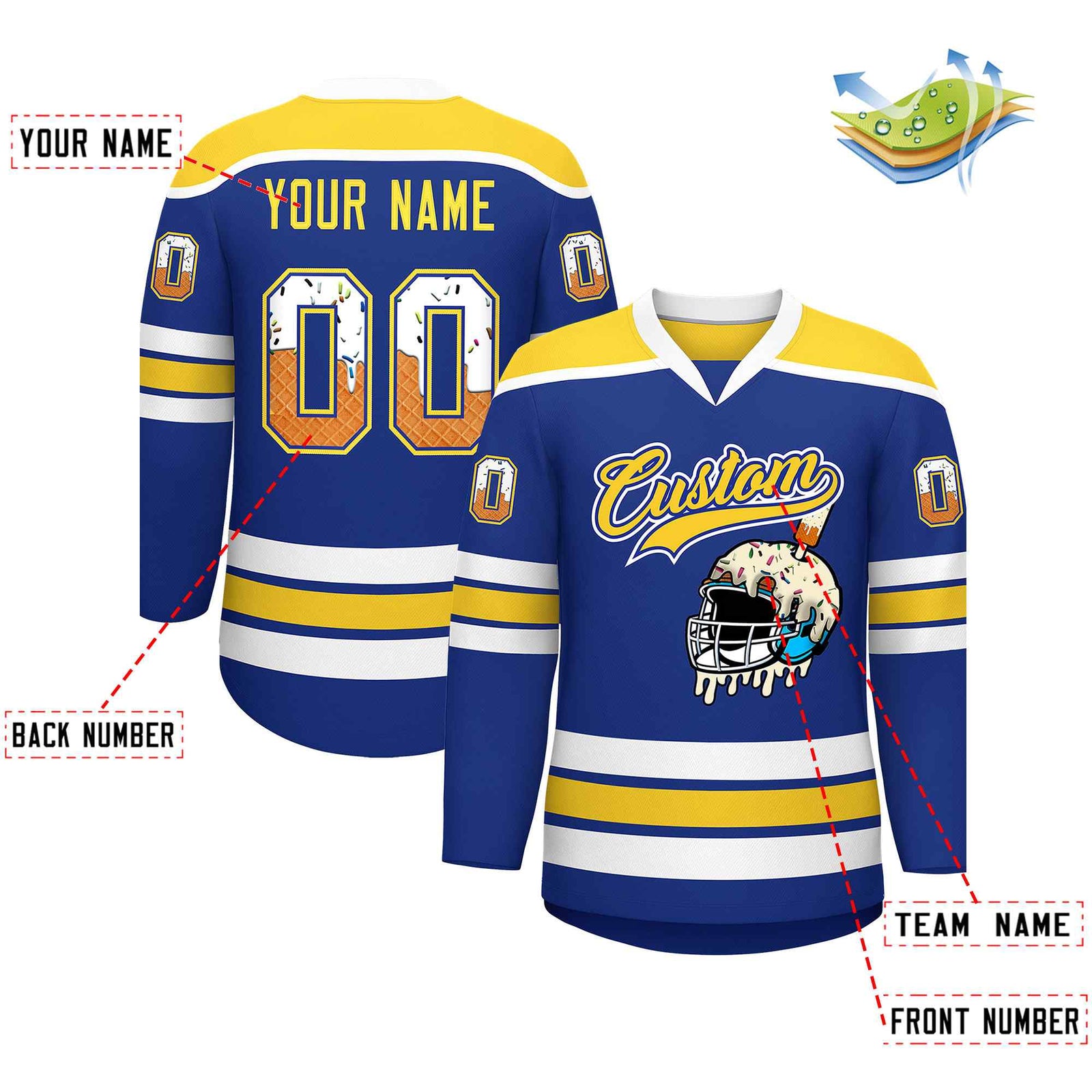 Custom Royal Blue Gold Ice Cream Helmet Pattern Personalized V-Neck Hockey Jersey