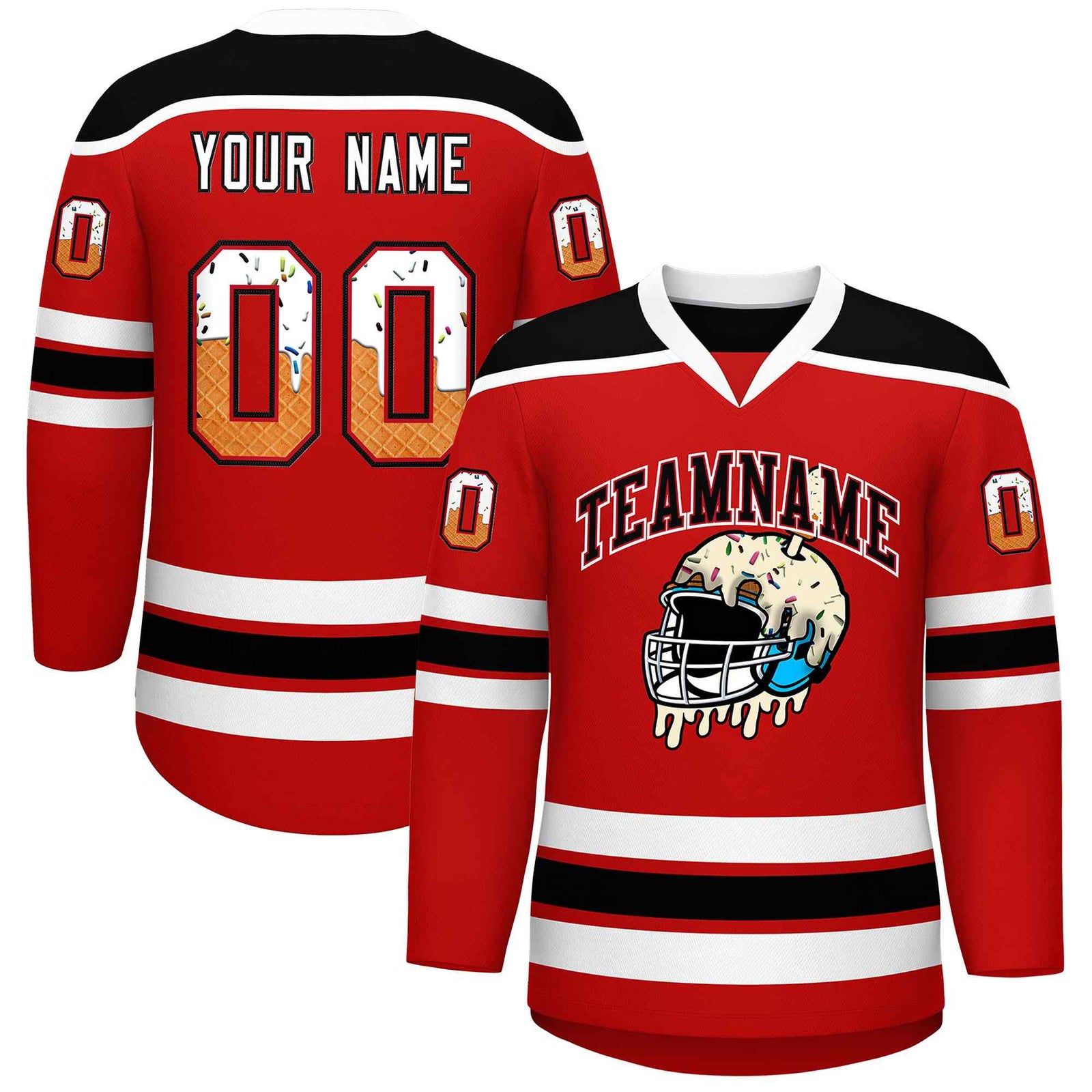 Custom Red White Ice Cream Helmet Pattern Personalized V-Neck Hockey Jersey