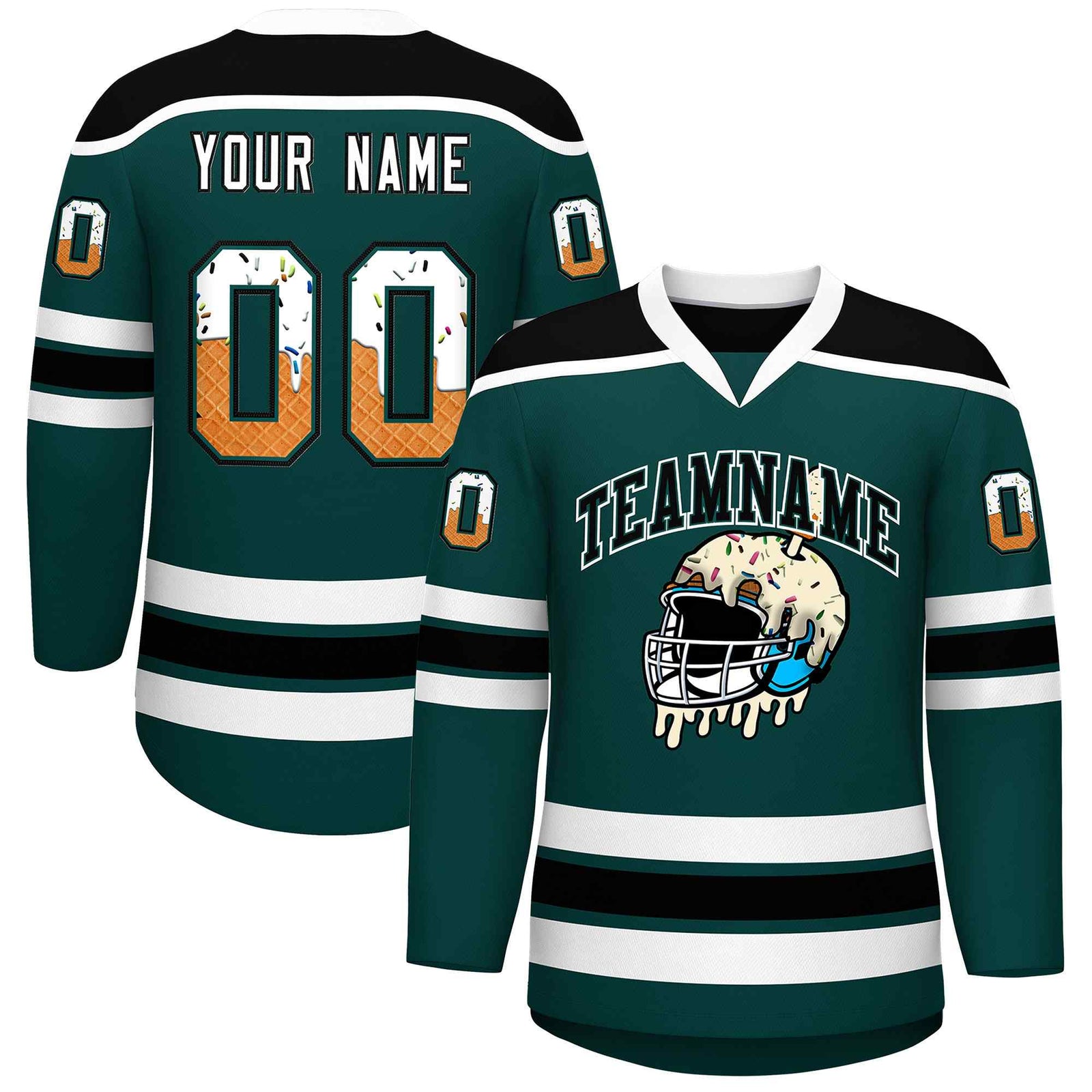 Custom Midnight Green Black Ice Cream Helmet Pattern Personalized V-Neck Hockey Jersey