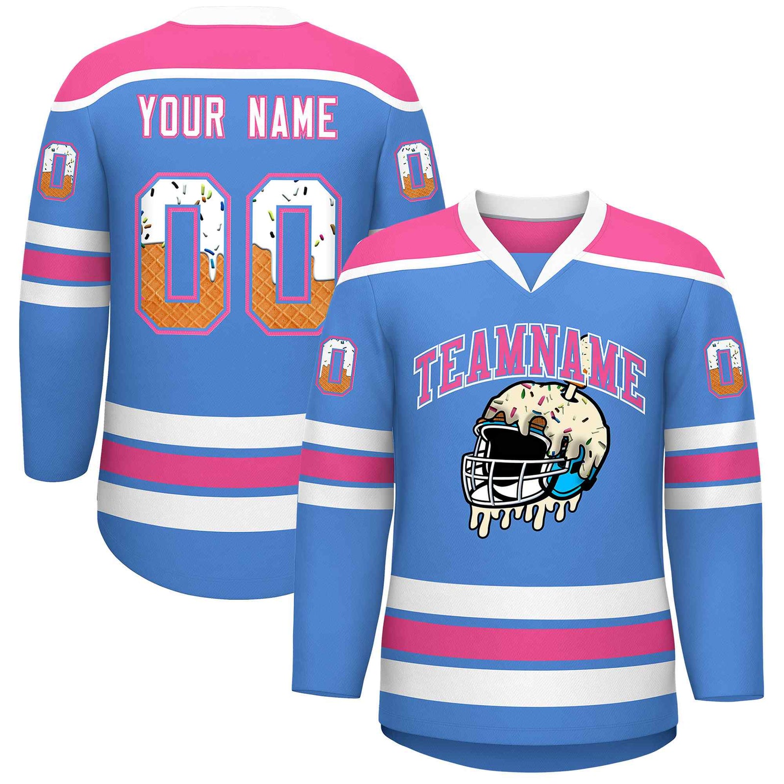Custom Powder Blue Pink Ice Cream Helmet Pattern Personalized V-Neck Hockey Jersey