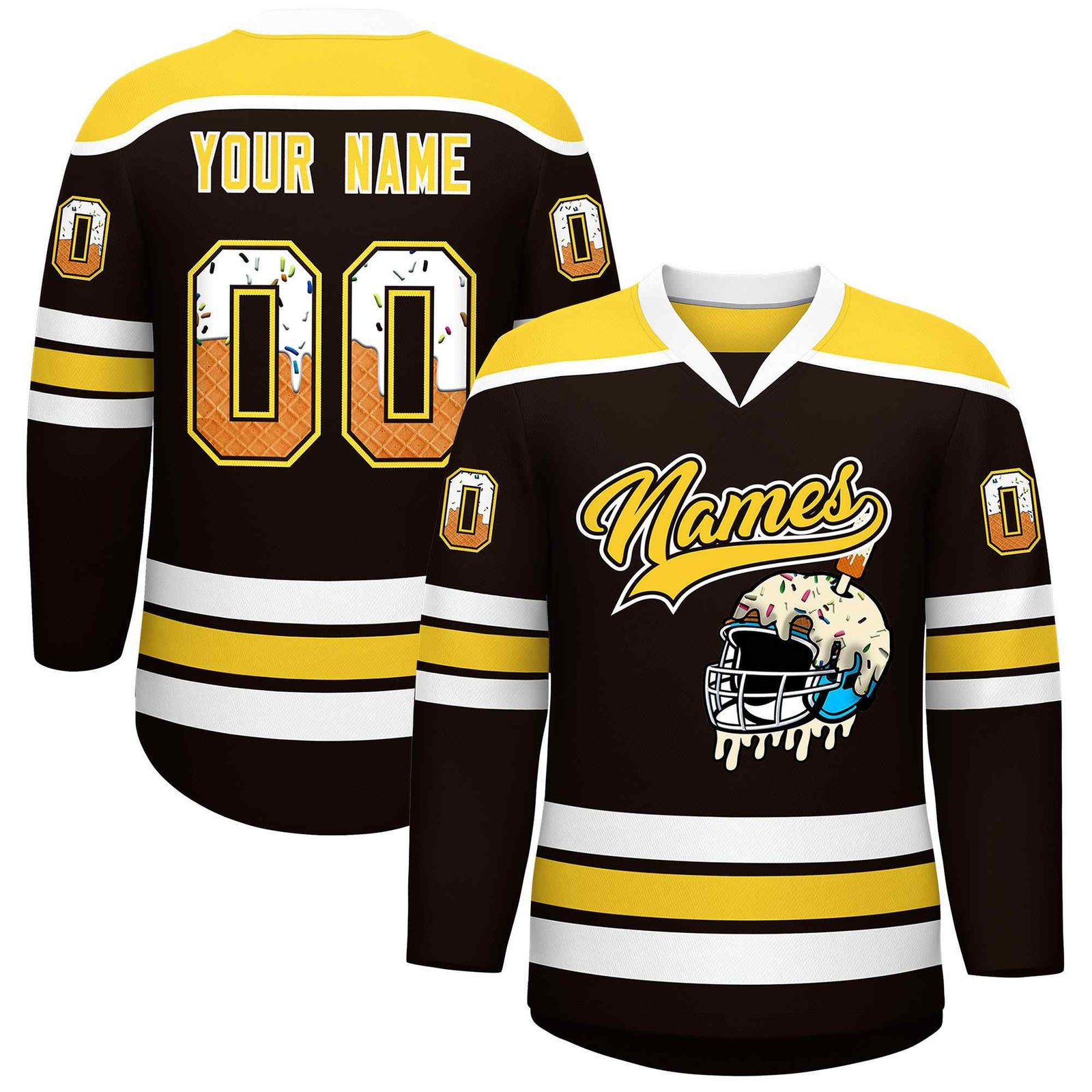 Custom Brown Gold Ice Cream Helmet Pattern Personalized V-Neck Hockey Jersey