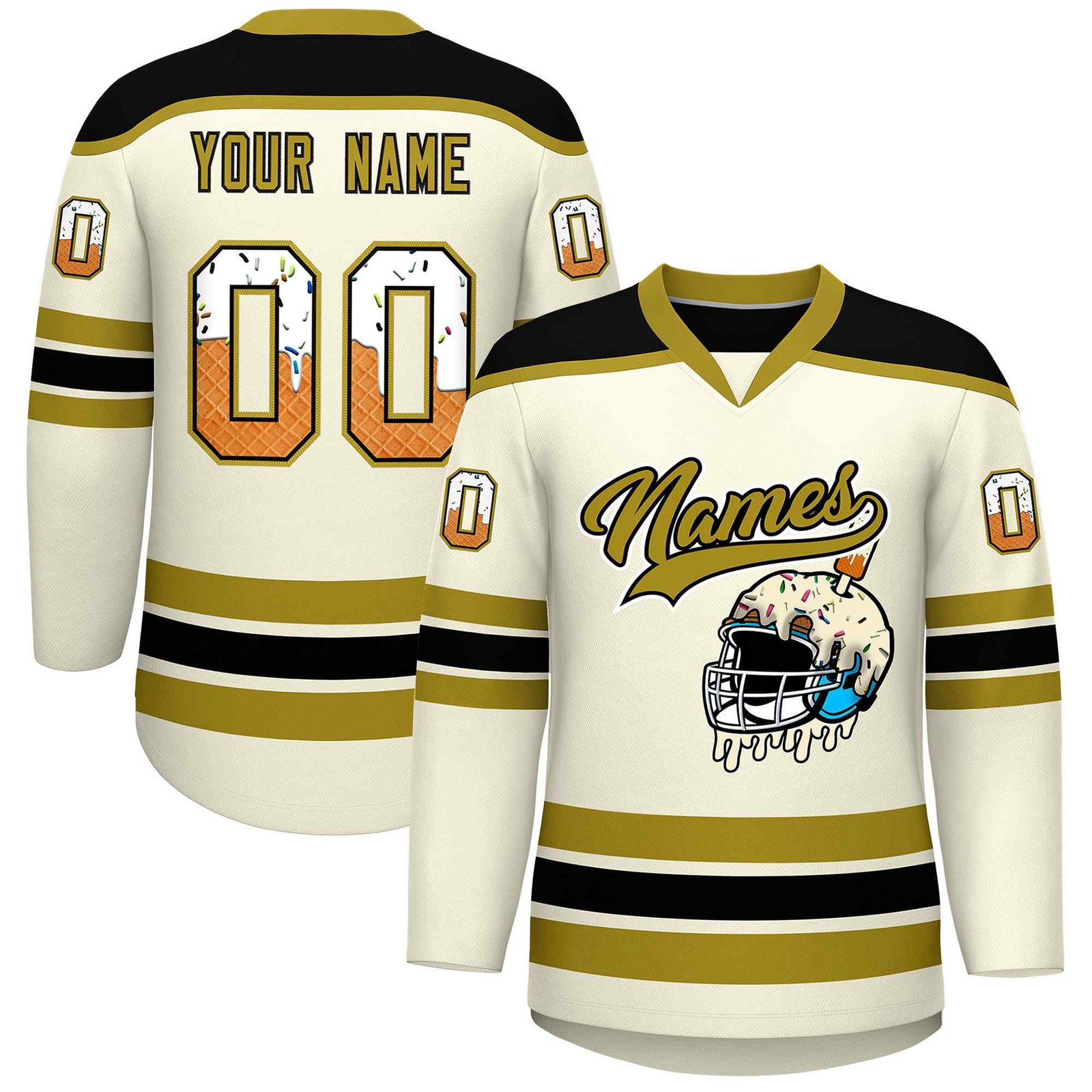 Custom Cream Old Gold Ice Cream Helmet Pattern Personalized V-Neck Hockey Jersey