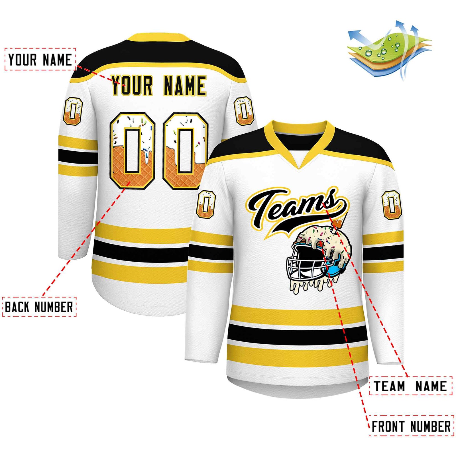 Custom White Gold Ice Cream Helmet Pattern Personalized V-Neck Hockey Jersey