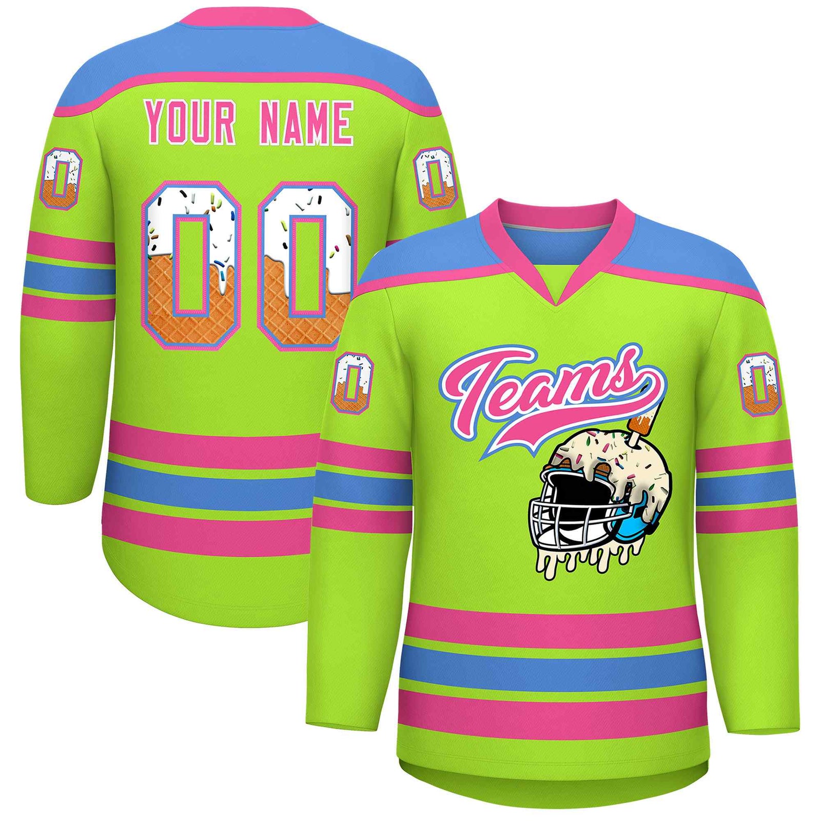 Custom Neon Green Powder Blue Ice Cream Helmet Pattern Personalized V-Neck Hockey Jersey