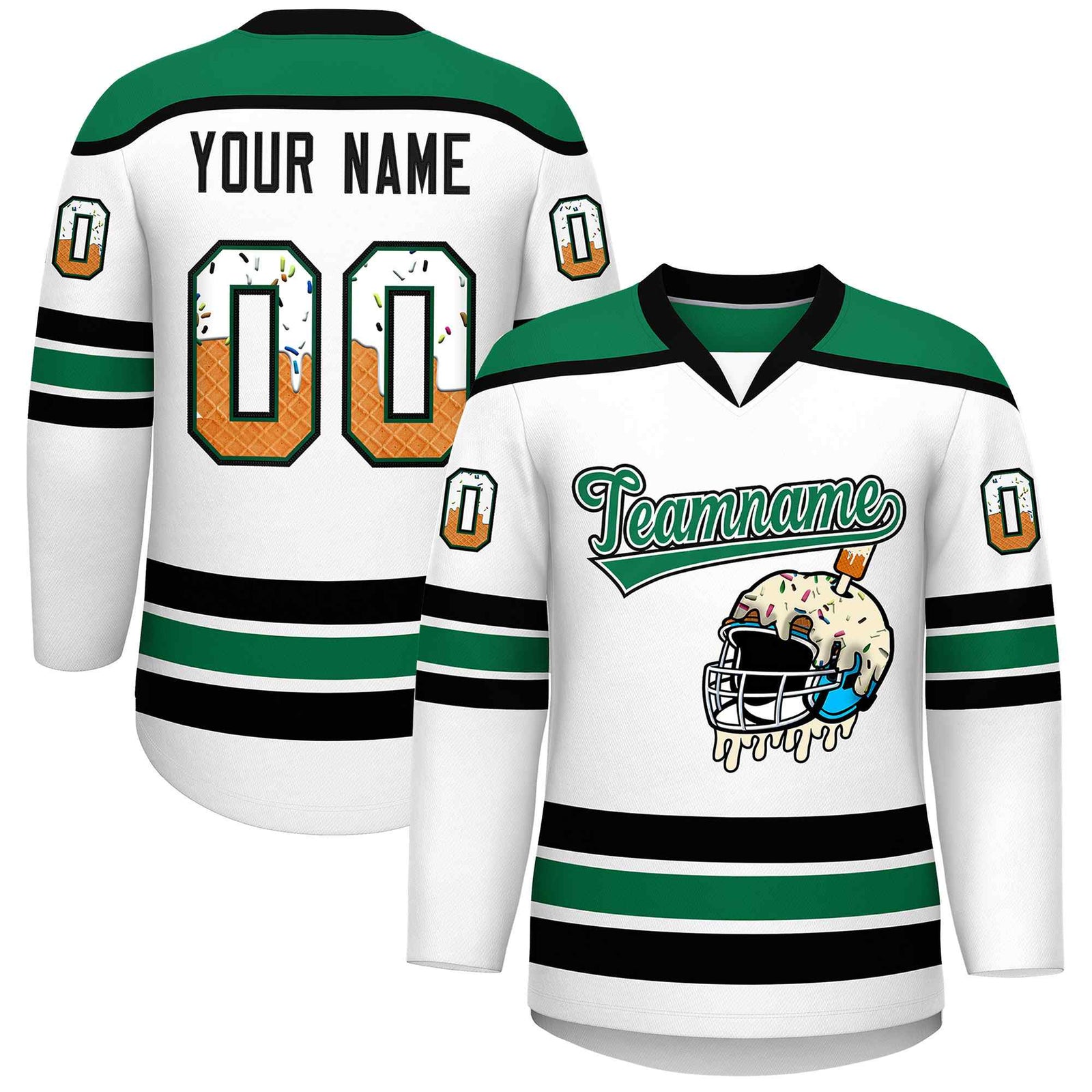 Custom White Kelly Green Ice Cream Helmet Pattern Personalized V-Neck Hockey Jersey| KXKSHOP