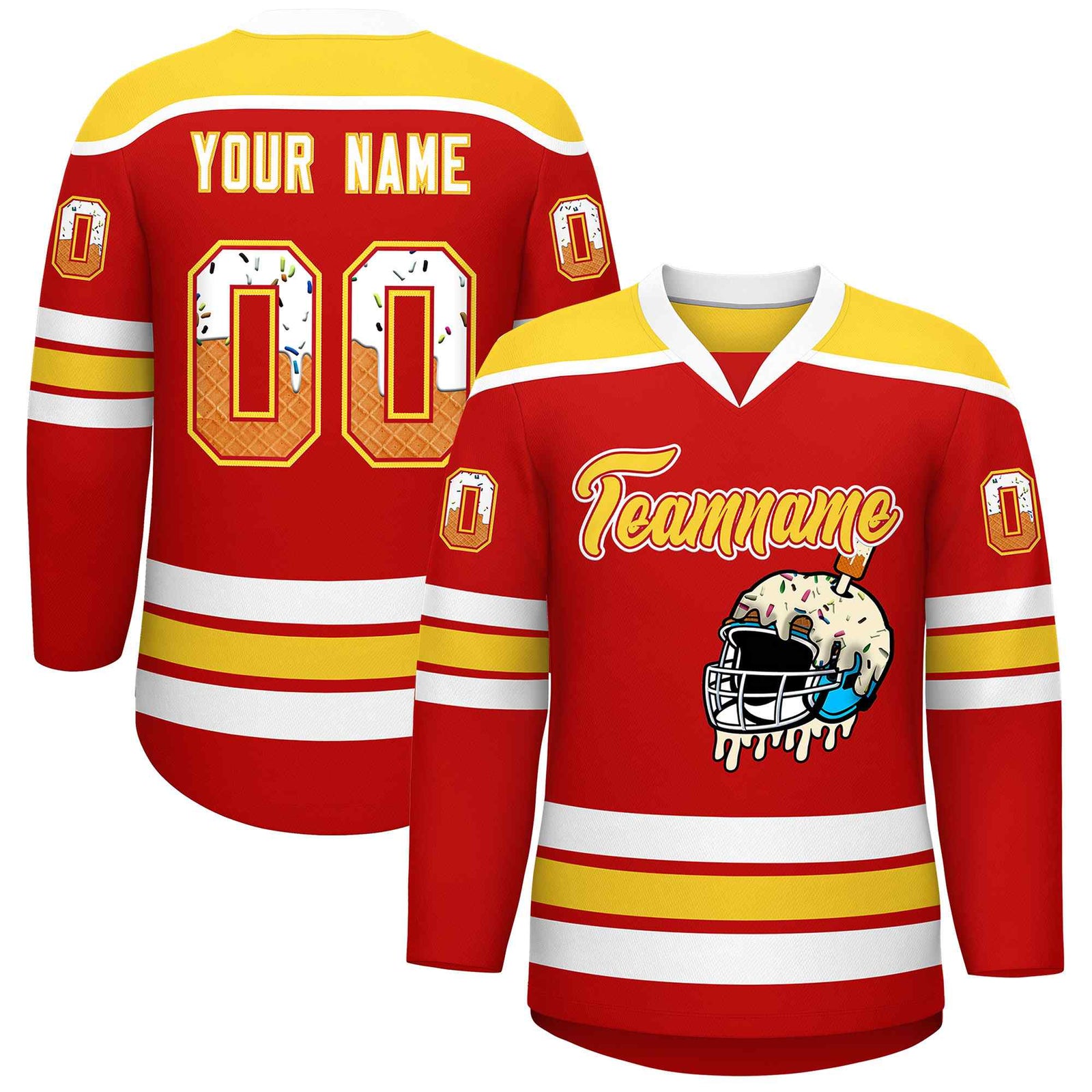 Custom Red Gold Ice Cream Helmet Pattern Personalized V-Neck Hockey Jersey