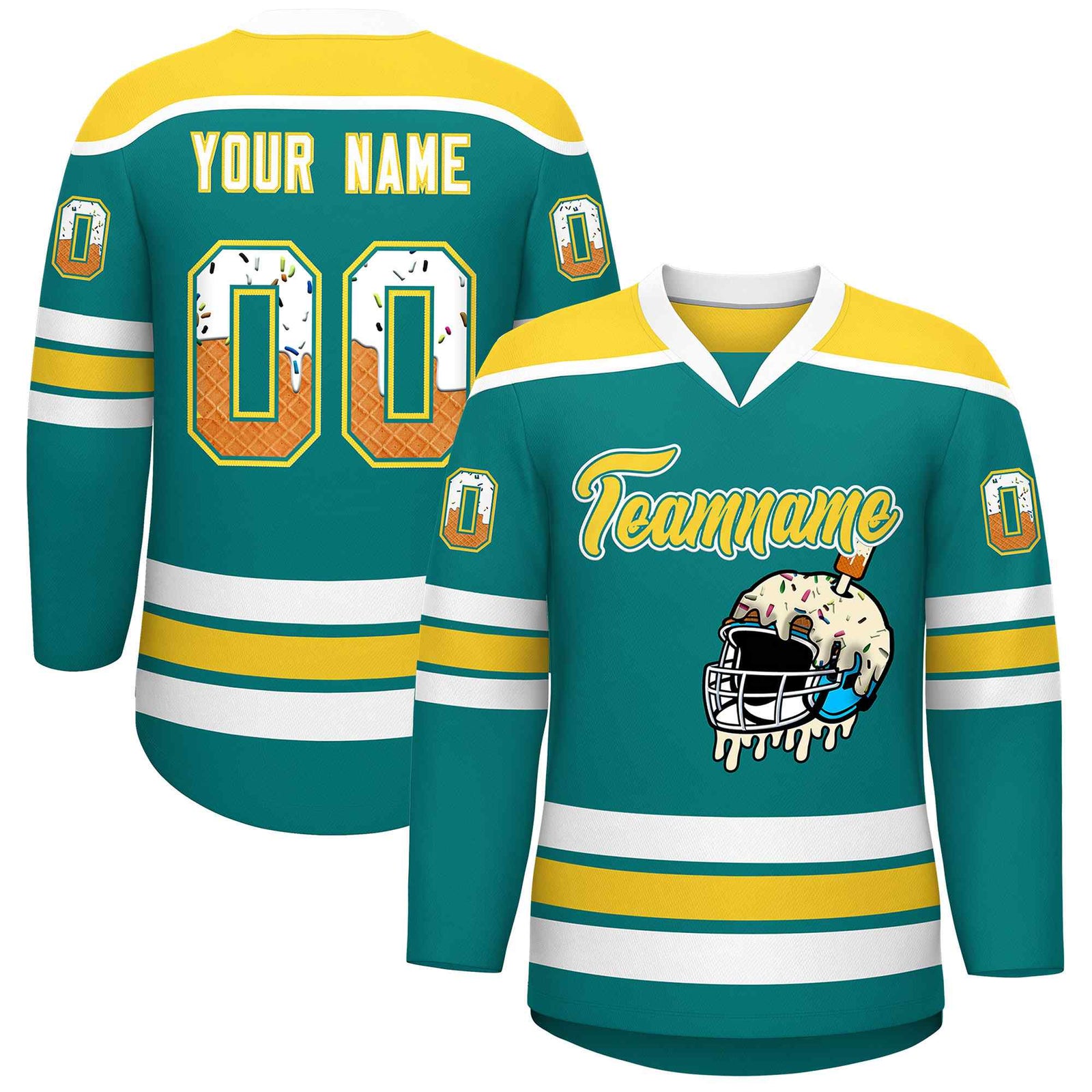 Custom Teal Gold Ice Cream Helmet Pattern Personalized V-Neck Hockey Jersey