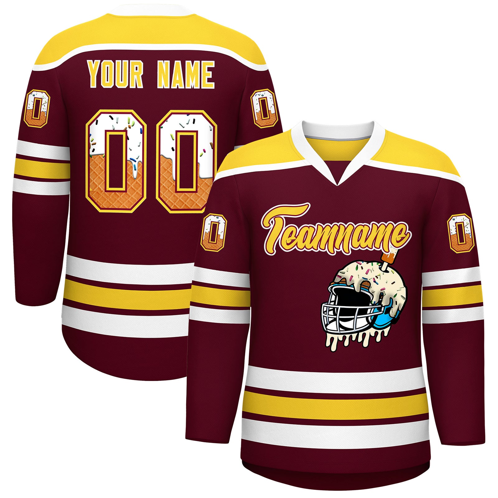 Custom Crimson Gold Ice Cream Helmet Pattern Personalized V-Neck Hockey Jersey