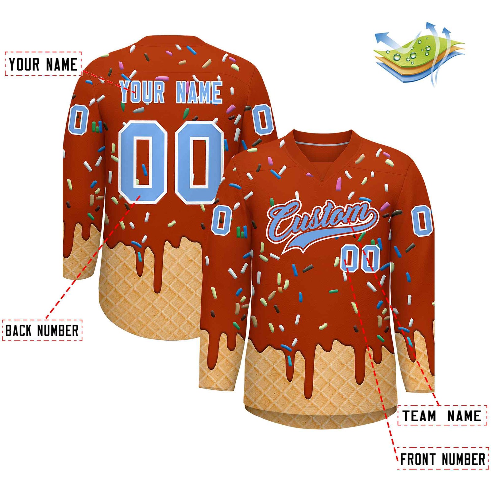 Custom Dark Orange Light Blue Ice Cream Pattern Personalized V-Neck Hockey Jersey