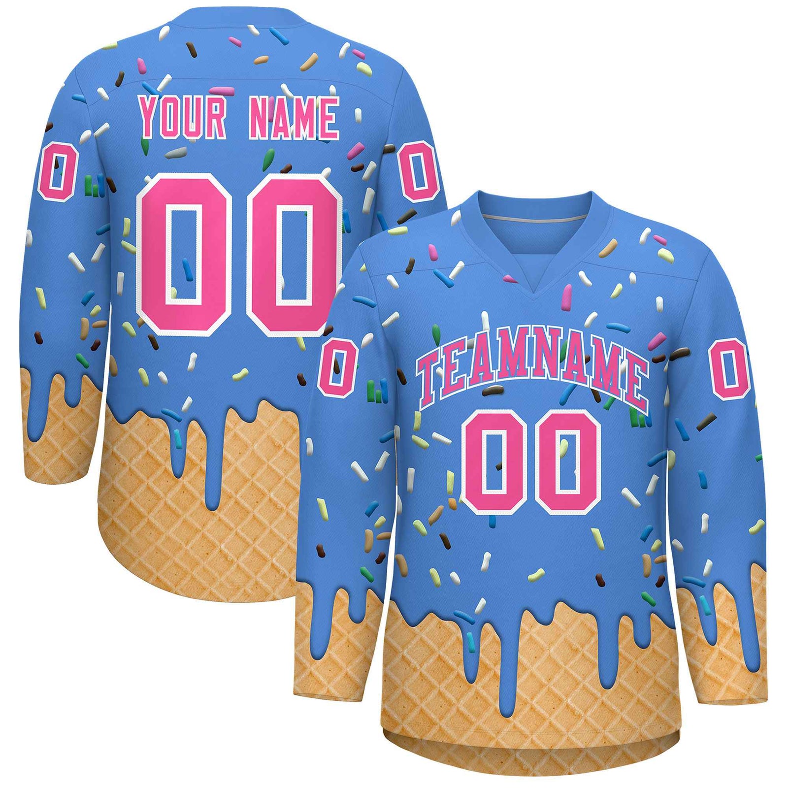 Custom Powder Blue Pink Ice Cream Pattern Personalized V-Neck Hockey Jersey