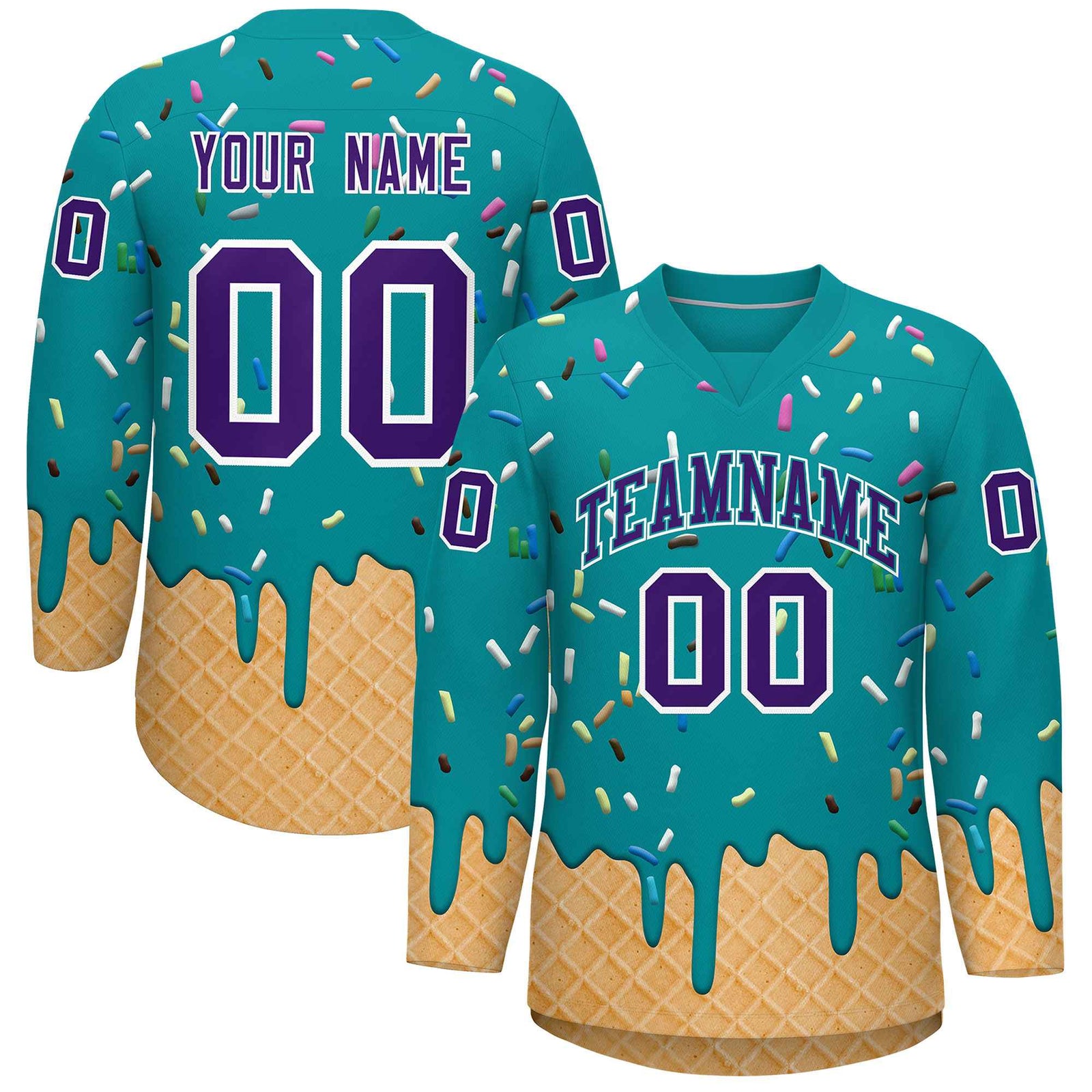 Custom Teal Purple Ice Cream Pattern Personalized V-Neck Hockey Jersey