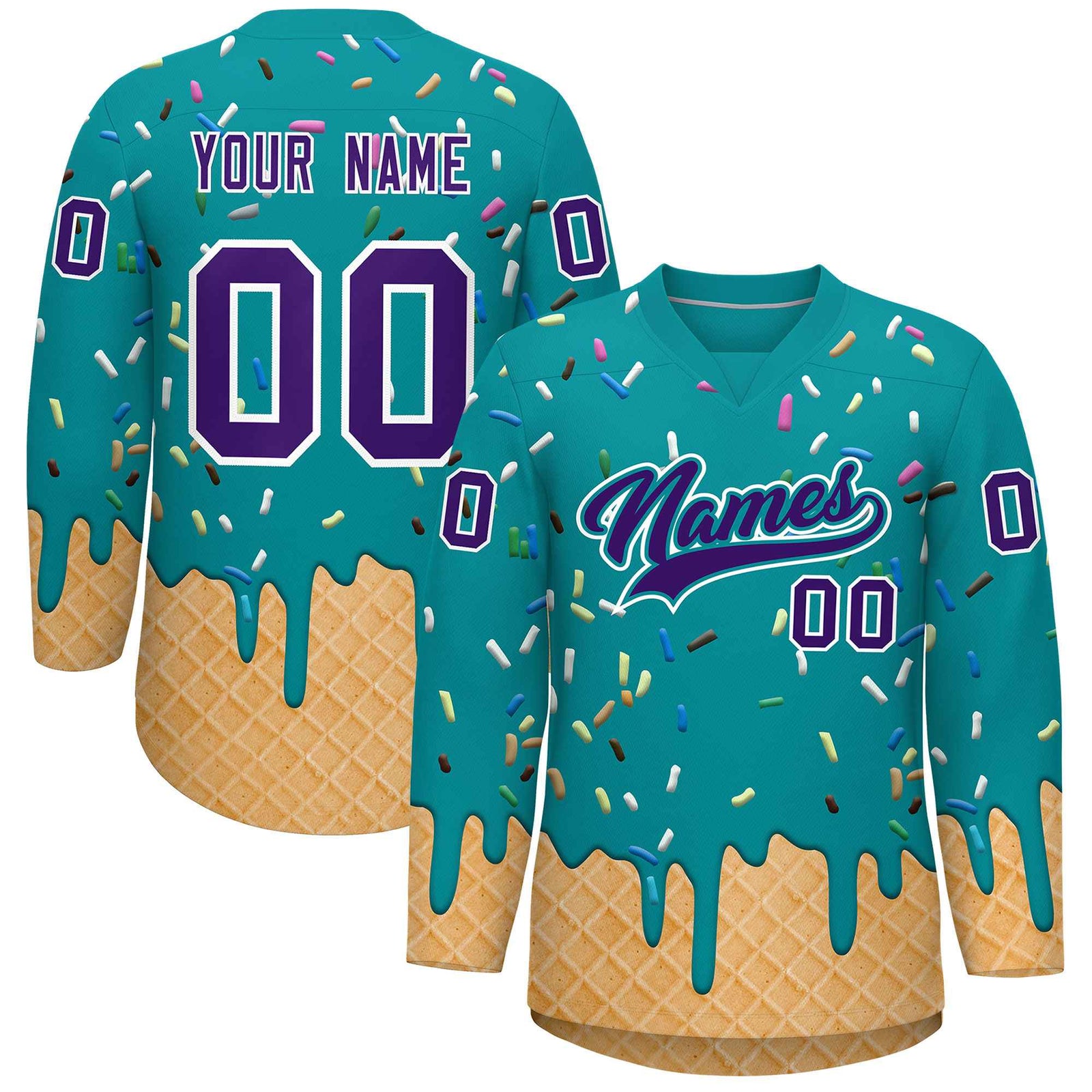 Custom Teal Purple Ice Cream Pattern Personalized V-Neck Hockey Jersey