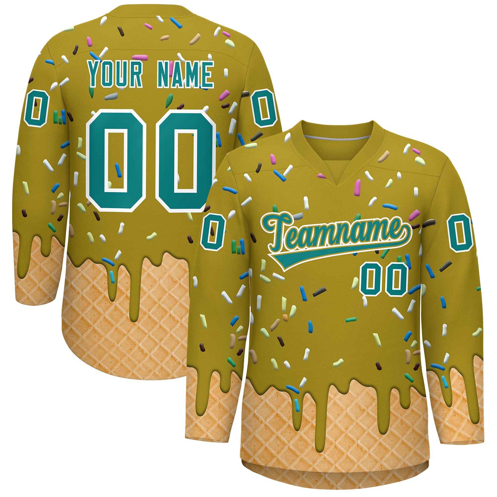 Custom Old Gold Teal Ice Cream Pattern Personalized V-Neck Hockey Jersey| KXKSHOP