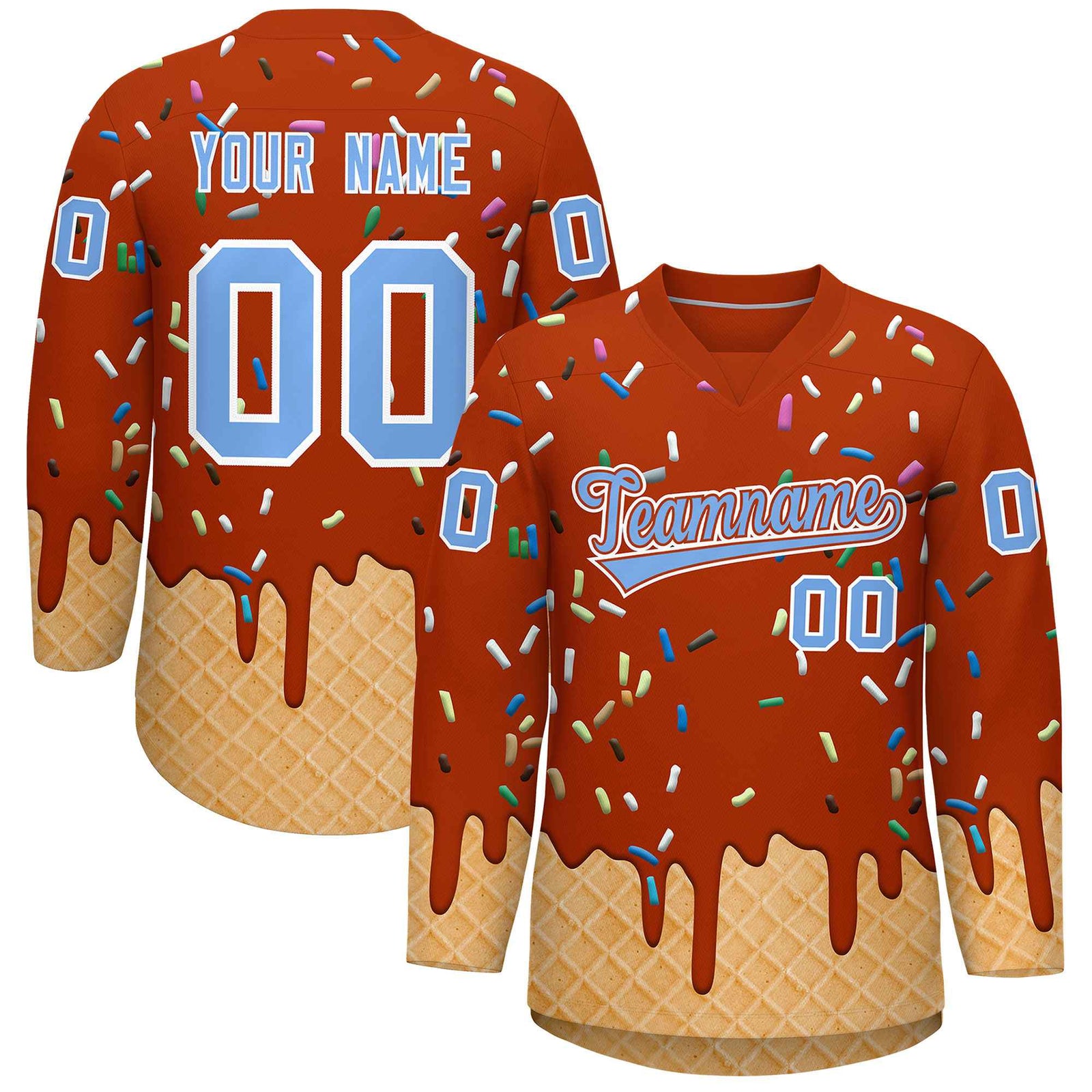 Custom Dark Orange Light Blue Ice Cream Pattern Personalized V-Neck Hockey Jersey| KXKSHOP