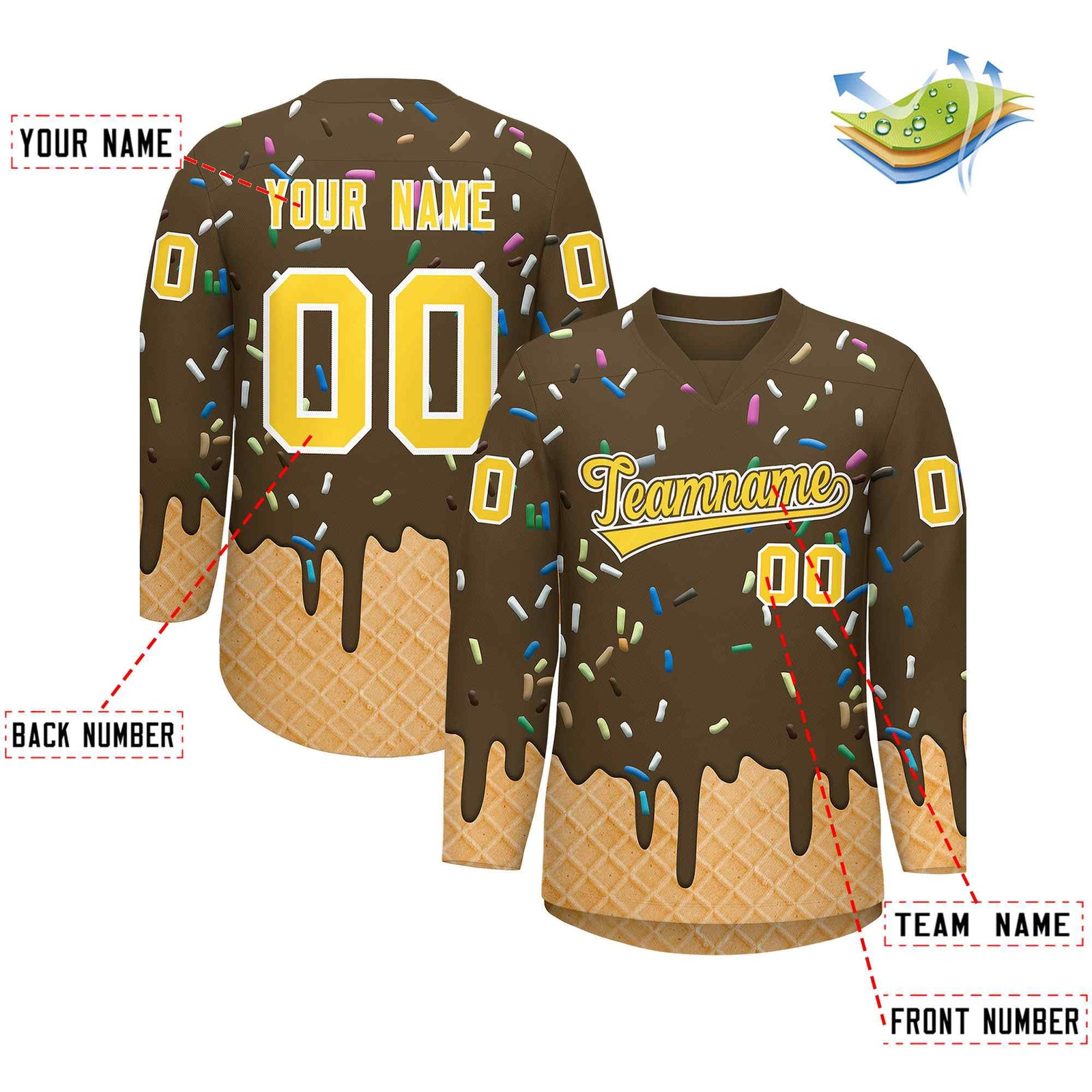 Custom Light Brown Gold Ice Cream Pattern Personalized V-Neck Hockey Jersey| KXKSHOP