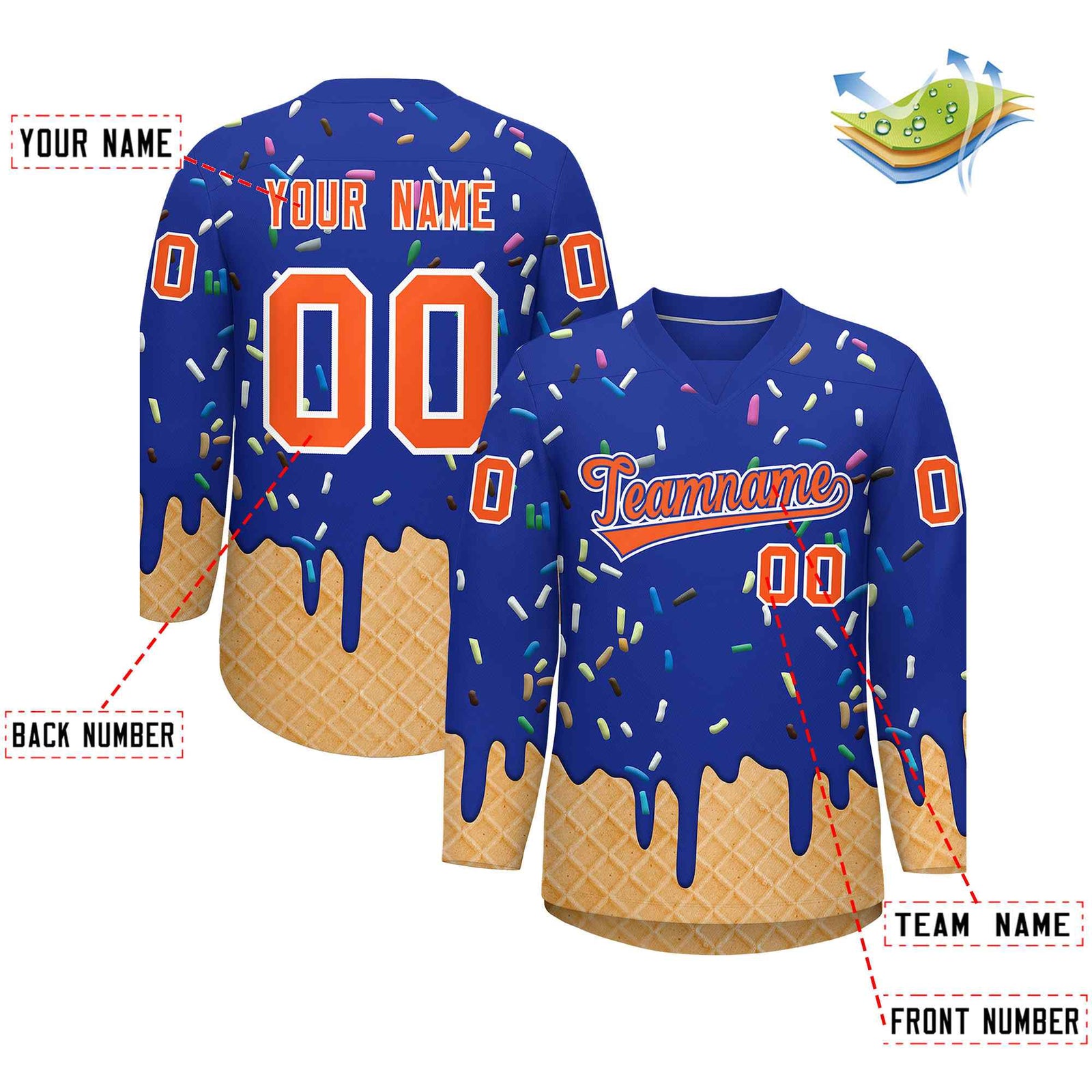 Custom Royal Blue Orange Ice Cream Pattern Personalized V-Neck Hockey Jersey| KXKSHOP