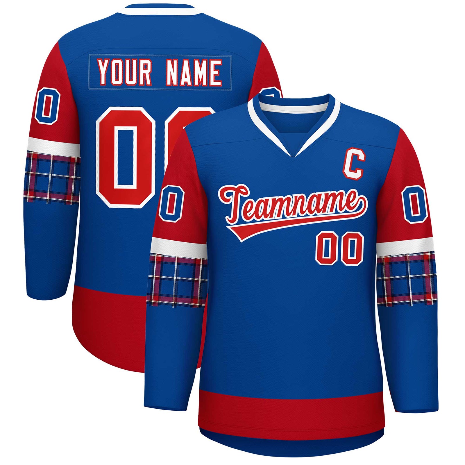 Custom Royal Red-Red Personalized Raglan Sleeves V-Neck Hockey Jersey