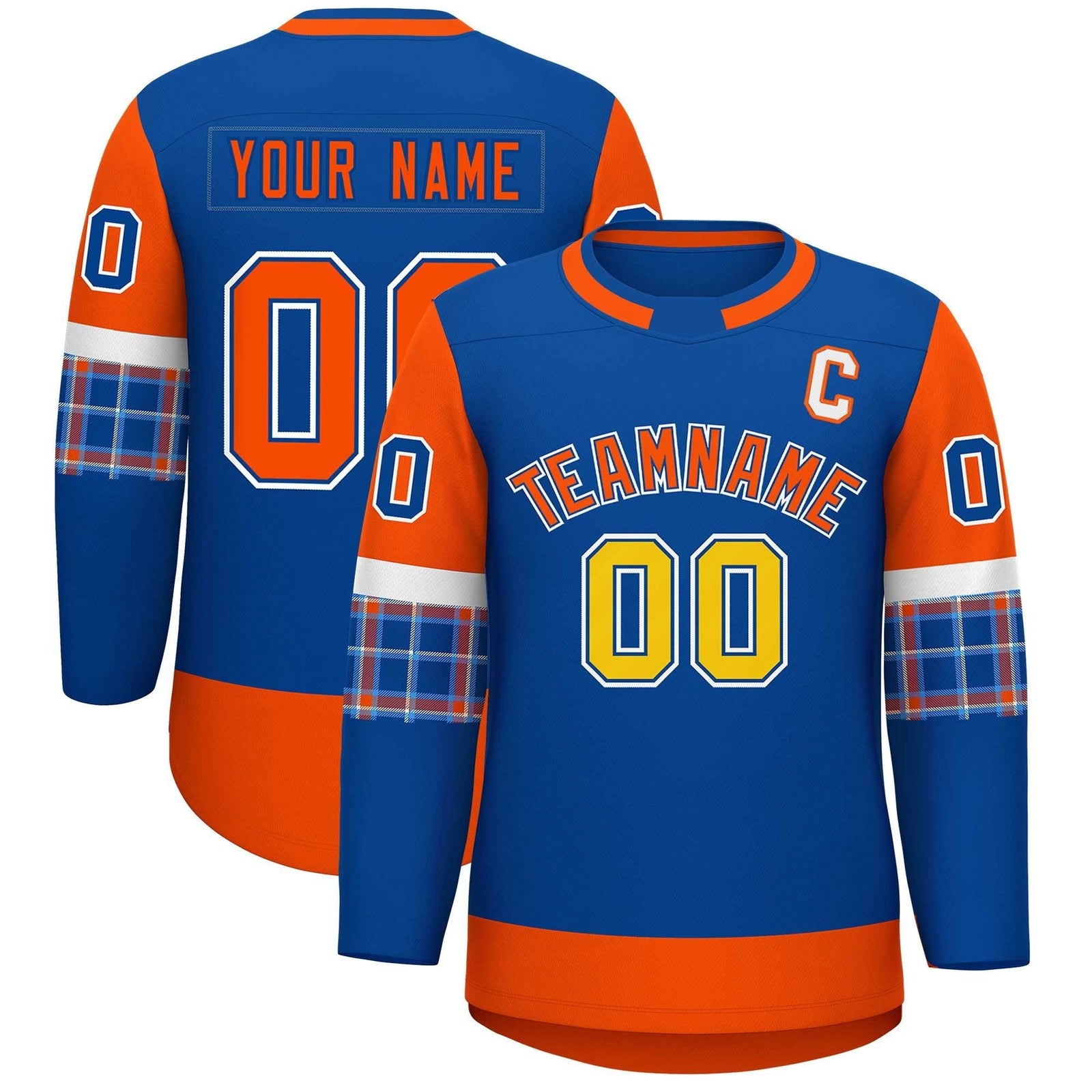 Custom Royal Orange Personalized Raglan Sleeves Round-Neck Hockey Jersey