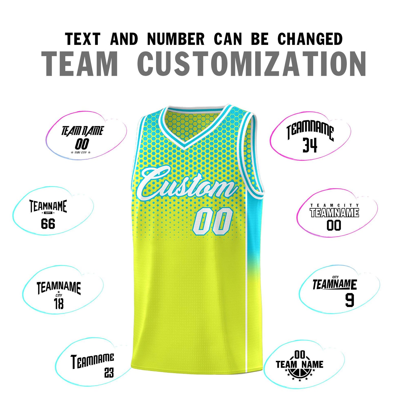 Custom Fluorescent Green Sky Blue Reversible Side Gradient Sports Uniform Dot Pattern Basketball Jersey Kits