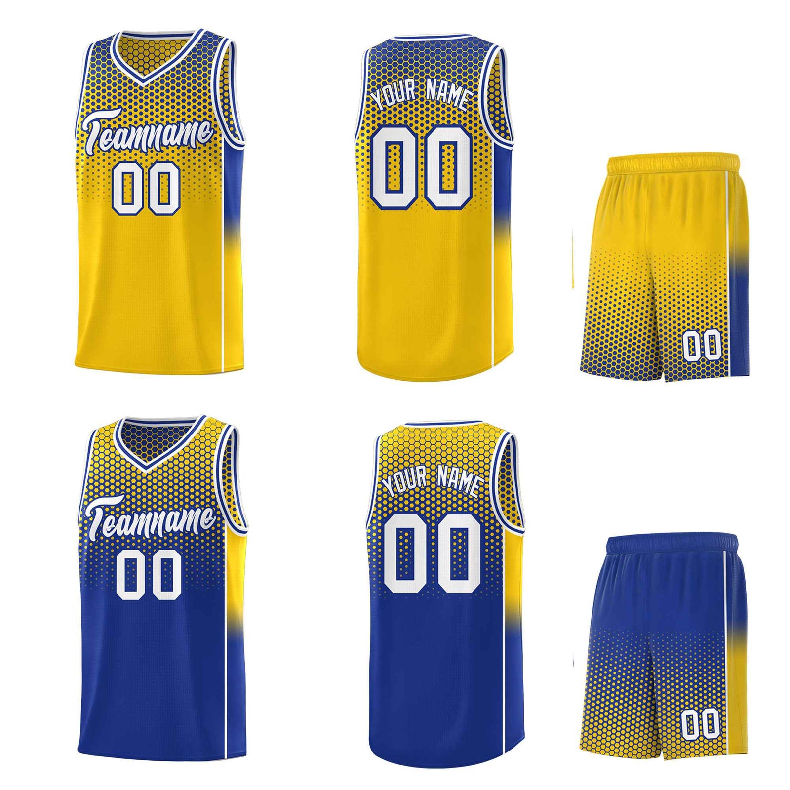 Custom Gold Royal Reversible Side Gradient Sports Uniform Dot Pattern Basketball Jersey Kits