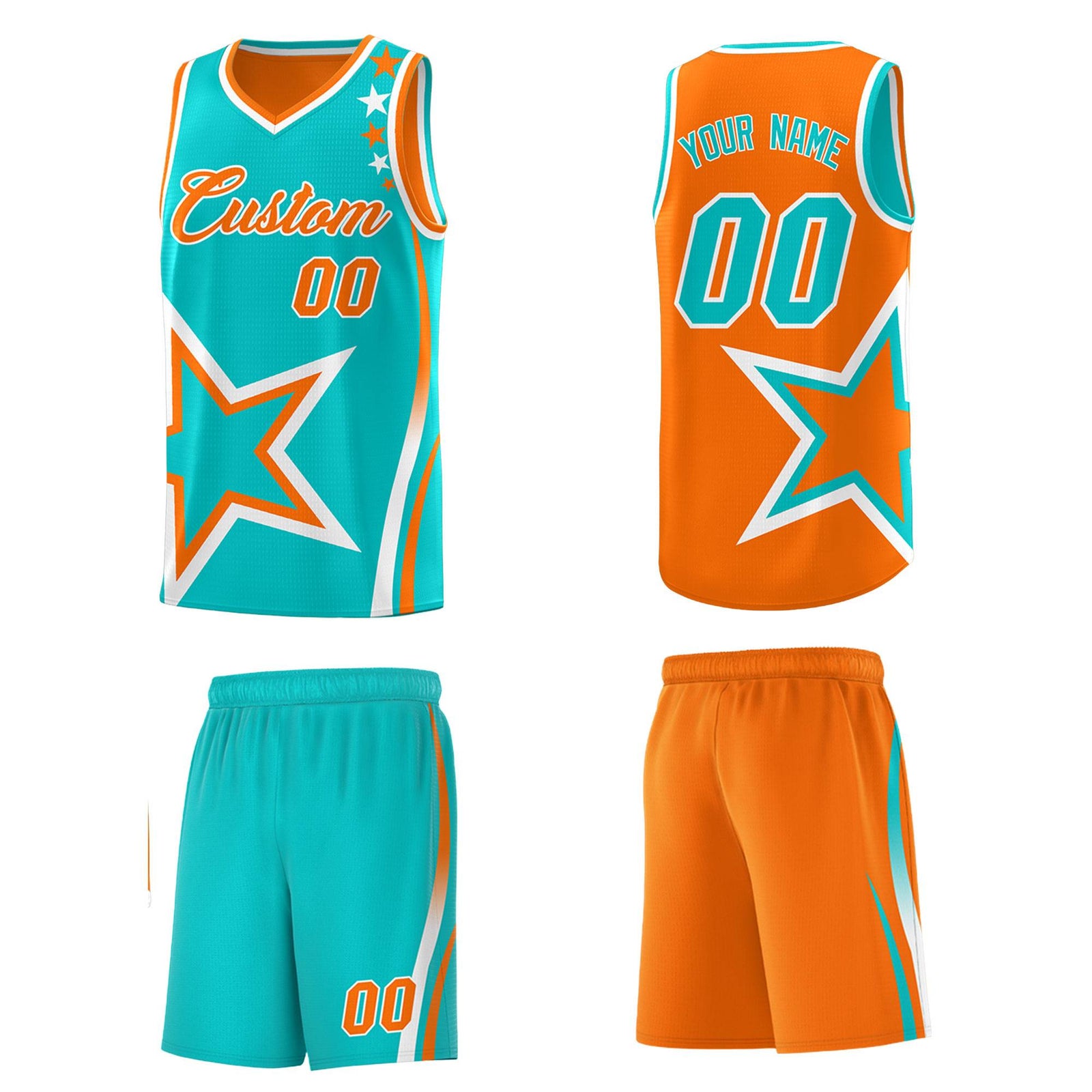 Custom Orange Bright Green Reversible Color Block Start Pattern Sports Uniform Basketball Jersey Kits