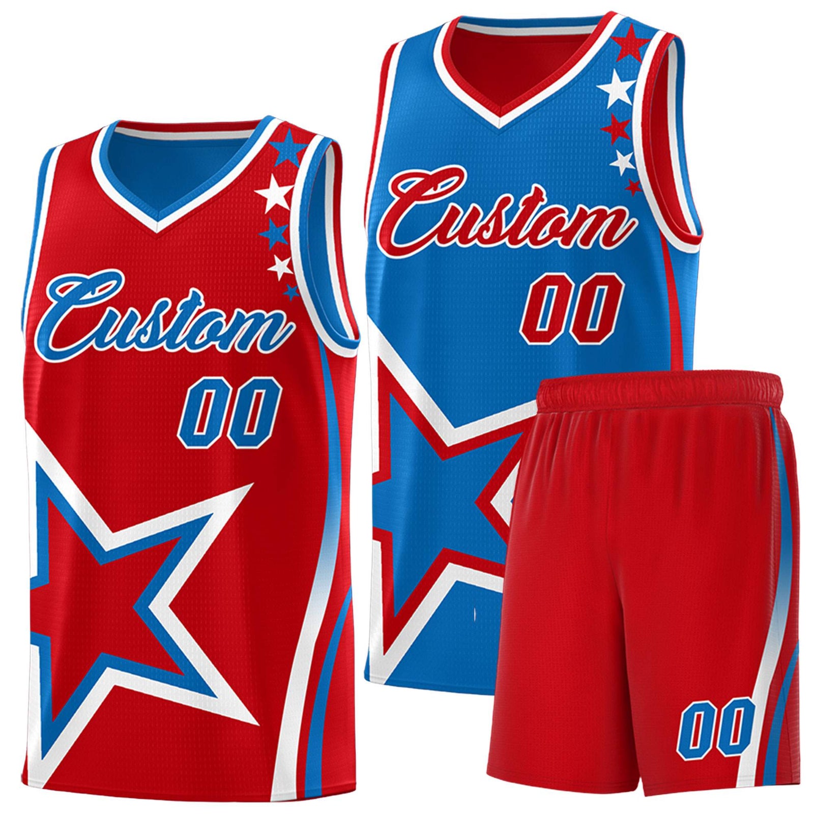 Custom Red Royal Reversible Color Block Start Pattern Sports Uniform Basketball Jersey Kits