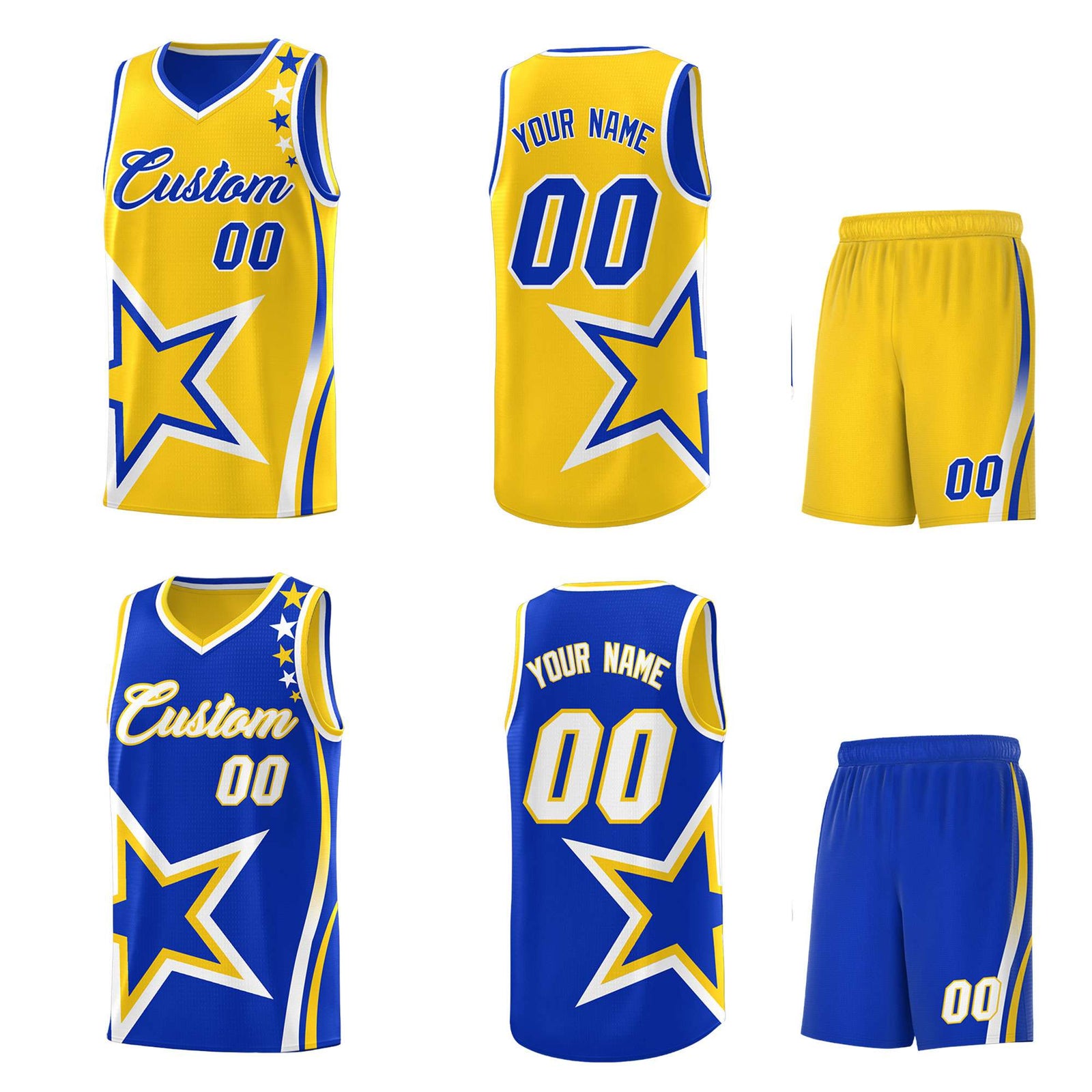 Custom Royal Gold Reversible Color Block Start Pattern Sports Uniform Basketball Jersey Kits