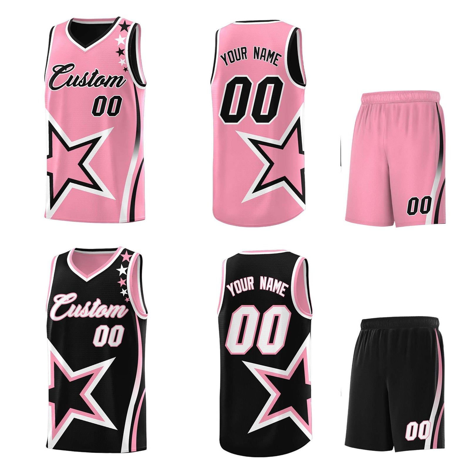Custom Black Light Pink Reversible Color Block Start Pattern Sports Uniform Basketball Jersey Kits