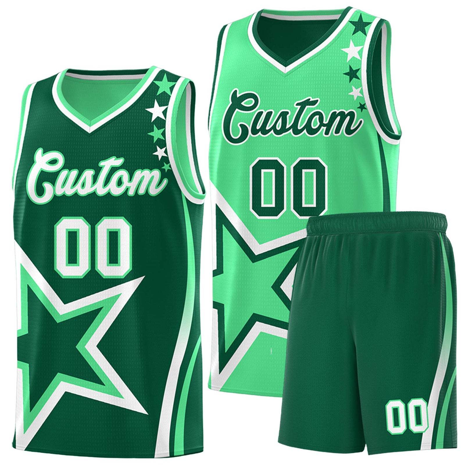 Custom Green Light Green Reversible Color Block Start Pattern Sports Uniform Basketball Jersey Kits