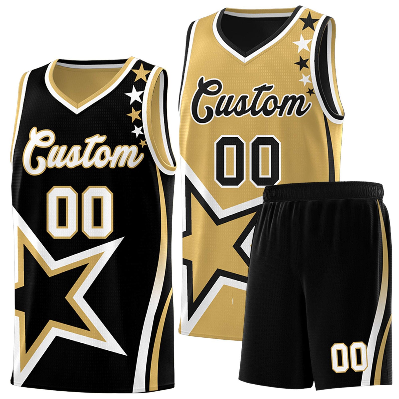 Custom Black Old Gold Reversible Color Block Start Pattern Sports Uniform Basketball Jersey Kits