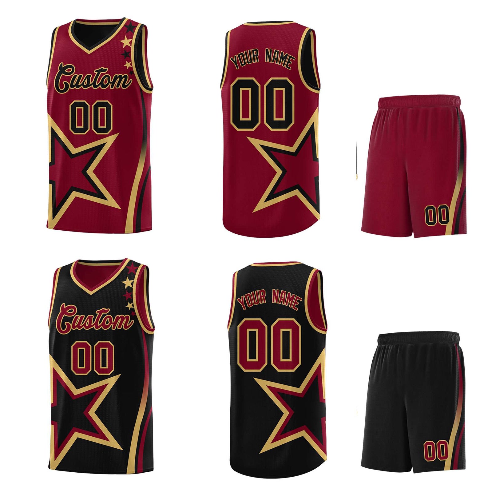 Custom Black Crimson Reversible Color Block Start Pattern Sports Uniform Basketball Jersey Kits