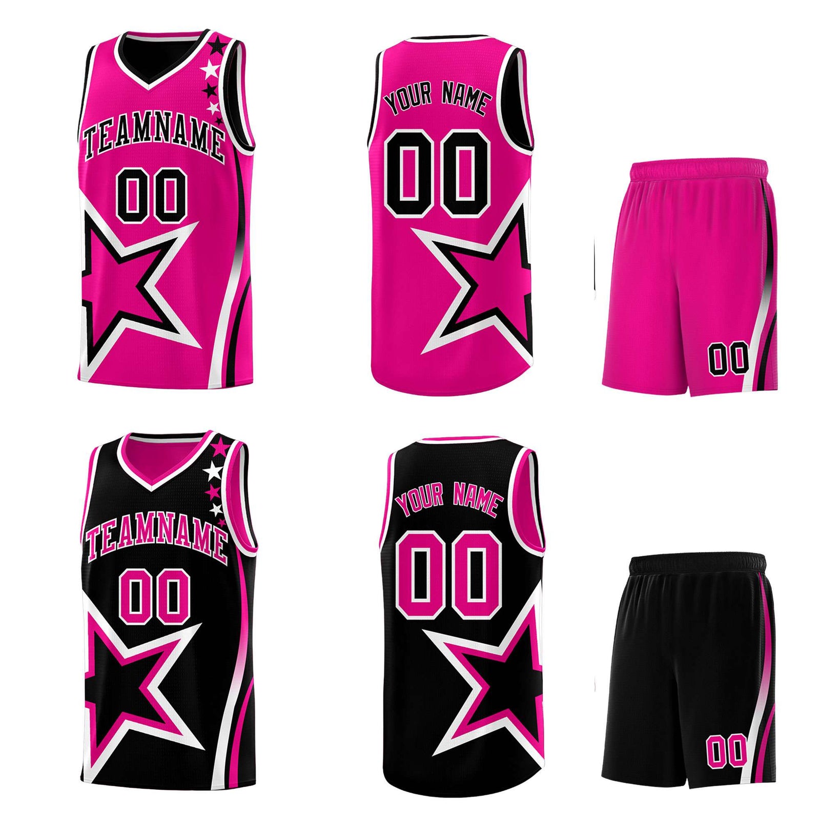 Custom Black Rose red Reversible Color Block Start Pattern Sports Uniform Basketball Jersey Kits