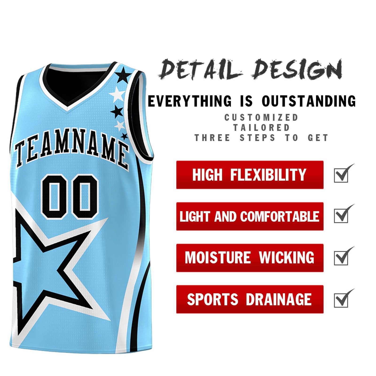 Custom Black Powder Blue Reversible Color Block Start Pattern Sports Uniform Basketball Jersey Kits