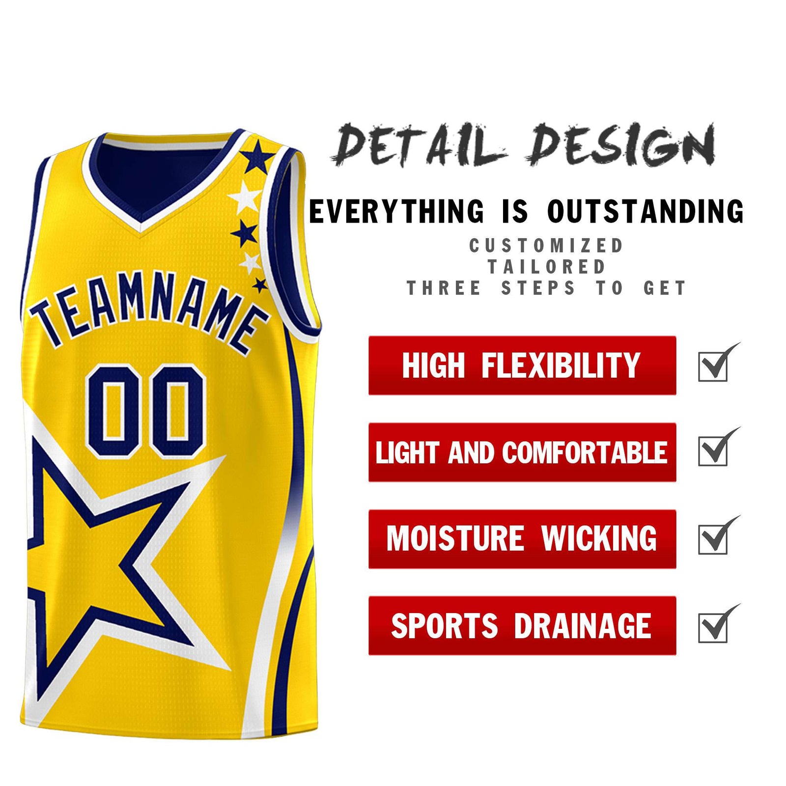 Custom Navy Gold Reversible Color Block Start Pattern Sports Uniform Basketball Jersey Kits
