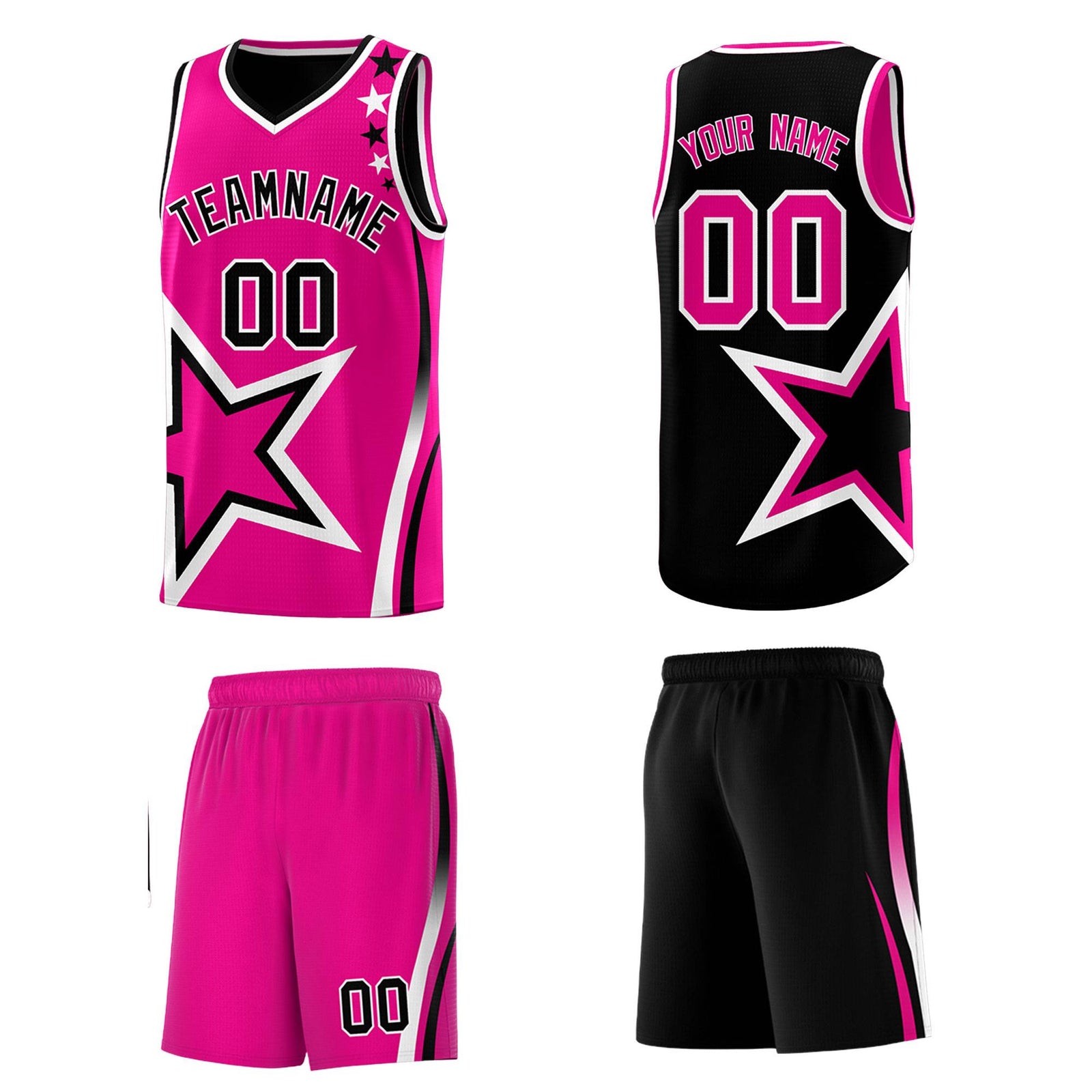 Custom Black Rose red Reversible Color Block Start Pattern Sports Uniform Basketball Jersey Kits