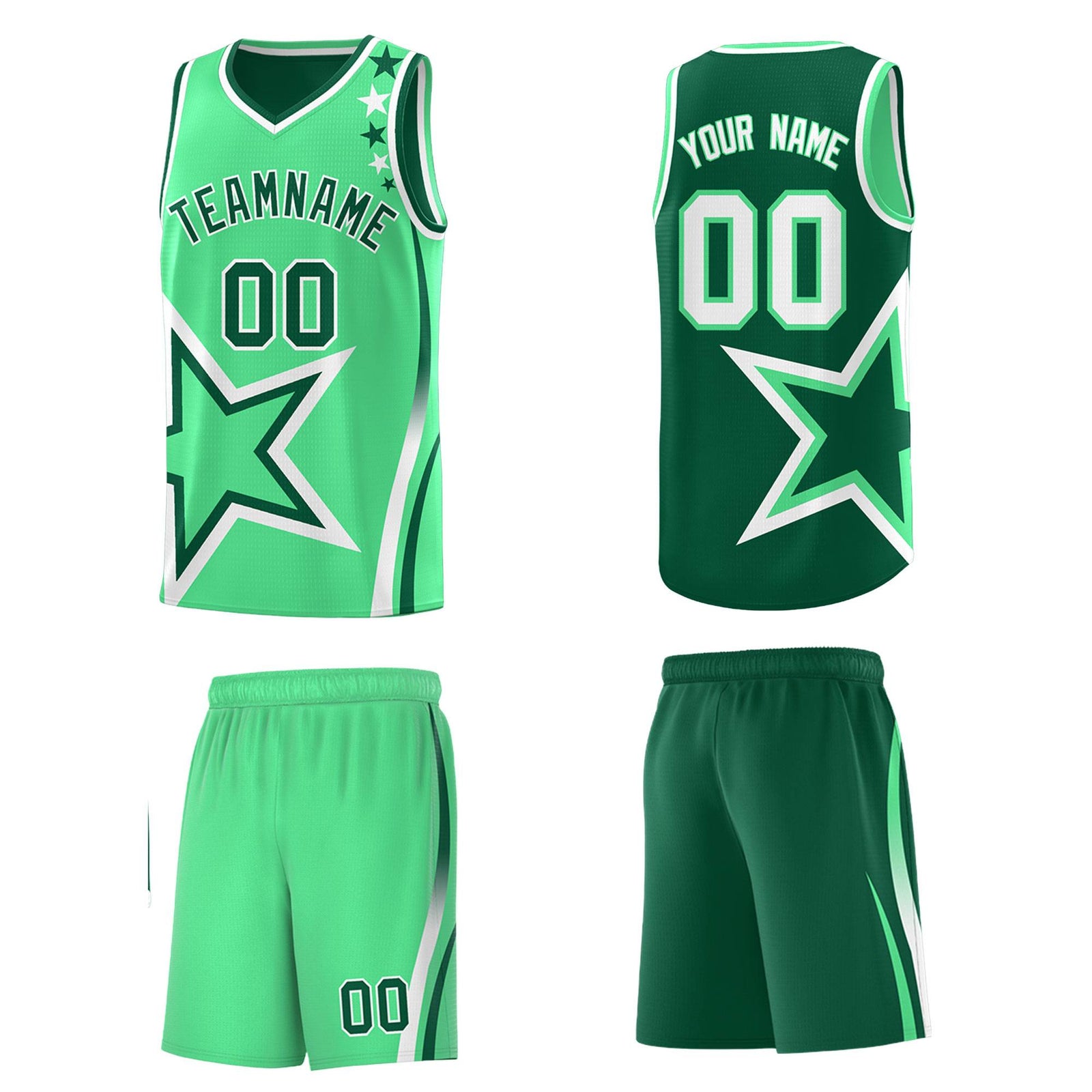 Custom Green Light Green Reversible Color Block Start Pattern Sports Uniform Basketball Jersey Kits