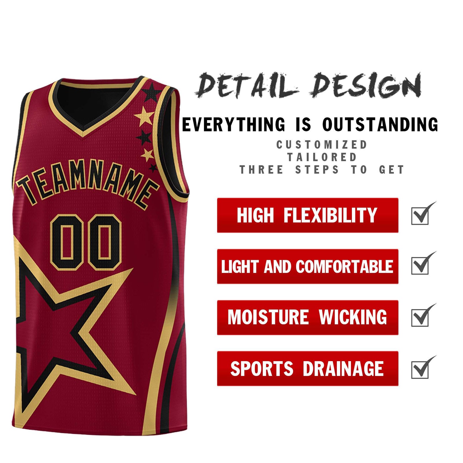 Custom Black Crimson Reversible Color Block Start Pattern Sports Uniform Basketball Jersey Kits