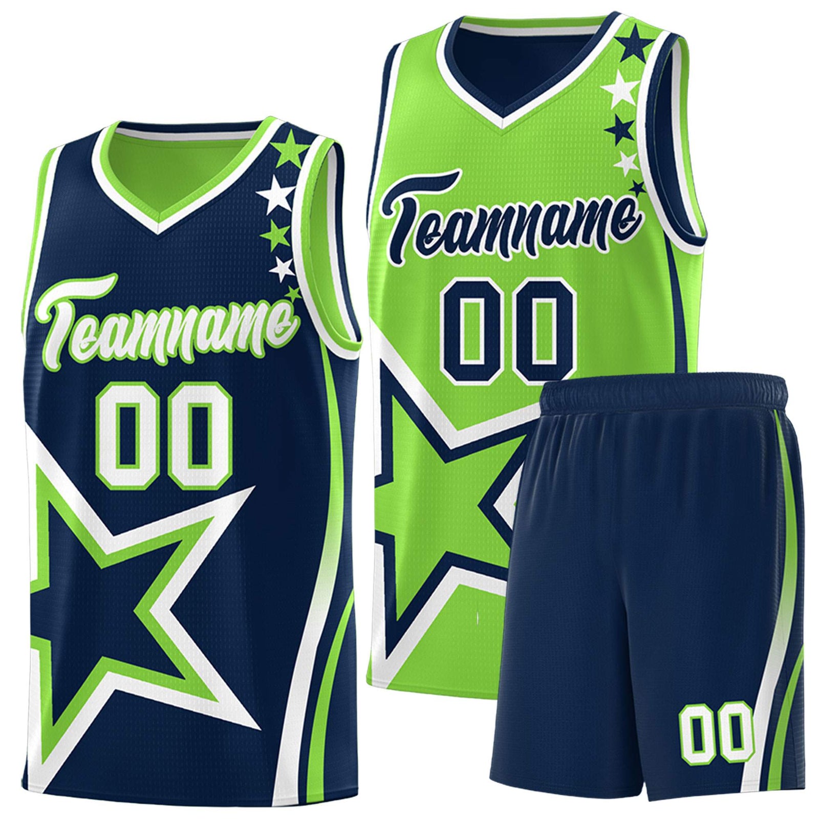 Custom Navy Neon Green Reversible Color Block Start Pattern Sports Uniform Basketball Jersey Kits