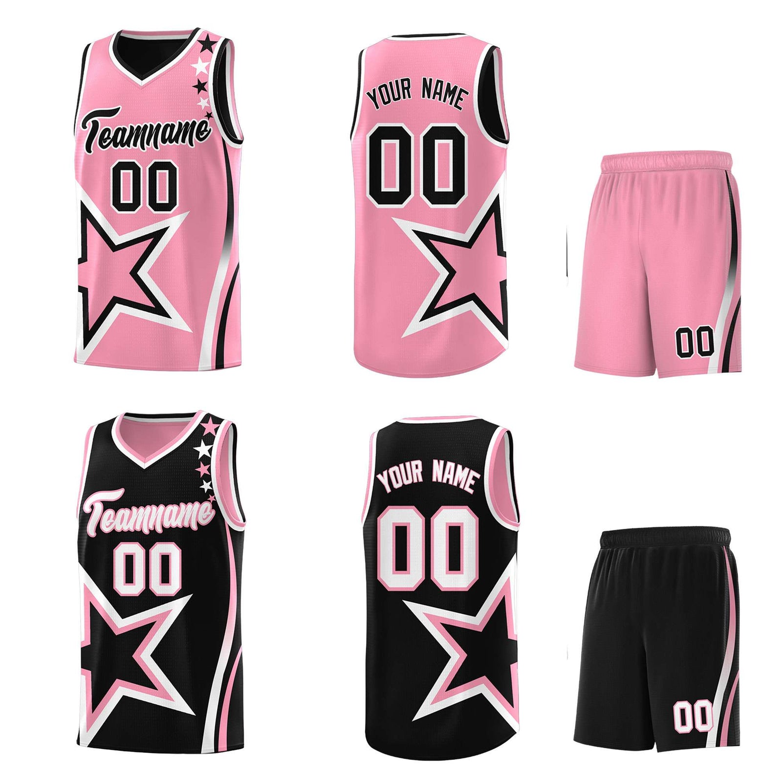 Custom Black Light Pink Reversible Color Block Start Pattern Sports Uniform Basketball Jersey Kits
