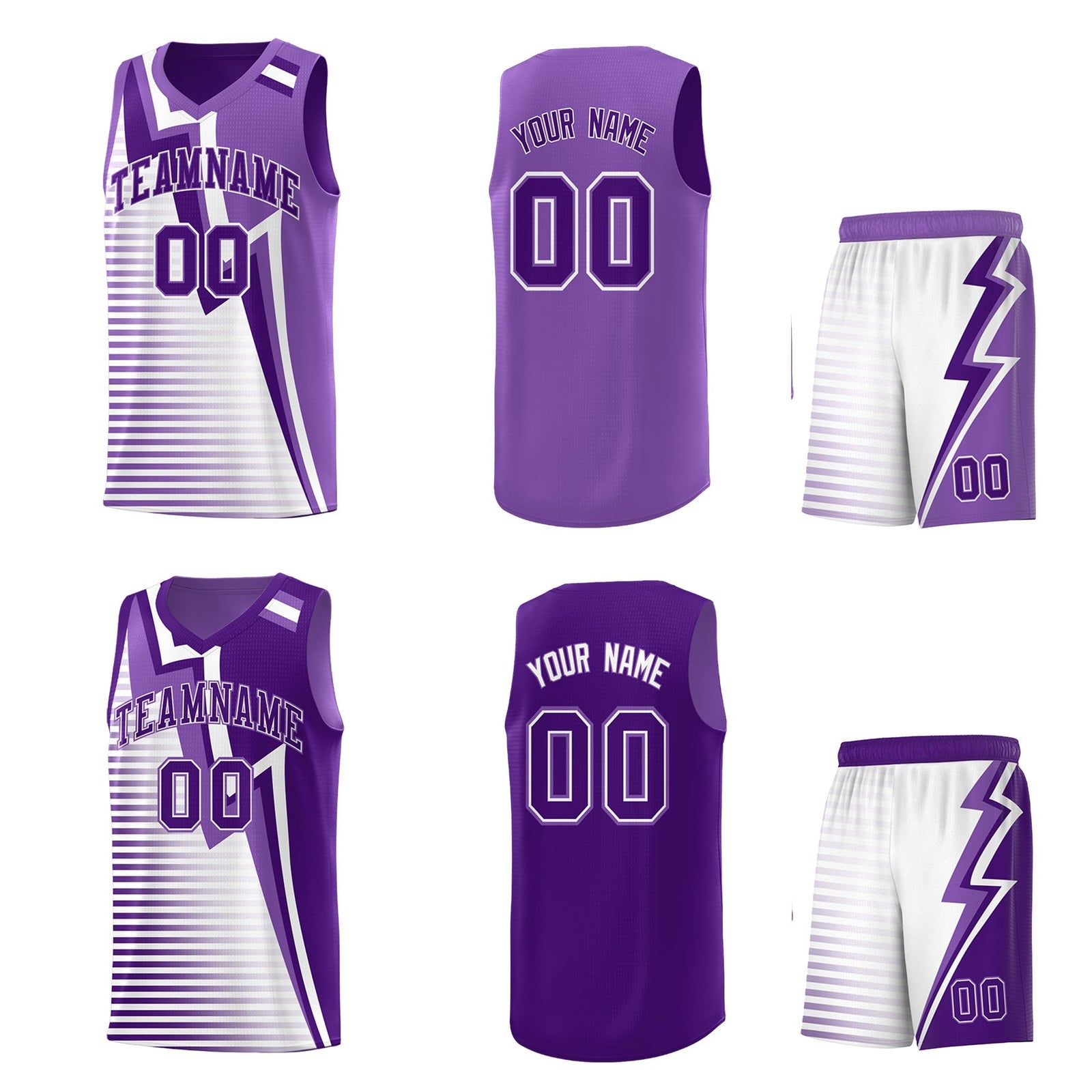 Custom Purple Light Purple White Gradient Stripes Lightning Pattern Reversible Sets Basketball Jersey| KXKSHOP